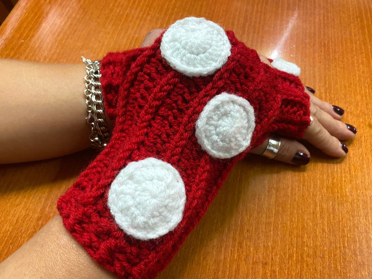 Crochet Mushroom Fingerless Gloves: Wool Blend Hand Warmers