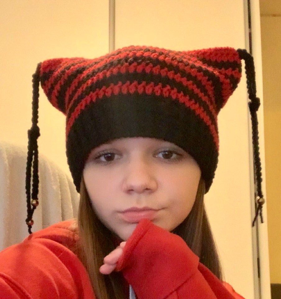 Crochet Cat Ear Beanie: Handmade Wool-Blend Striped Hat