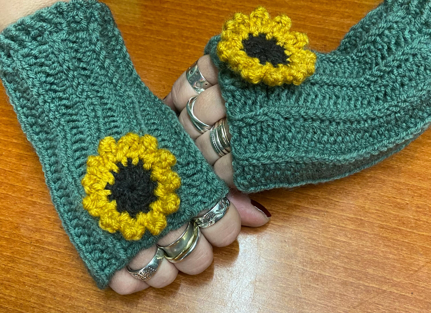 Crochet Sunflower Hand Warmers: Blue-Green Wool Blend Gloves