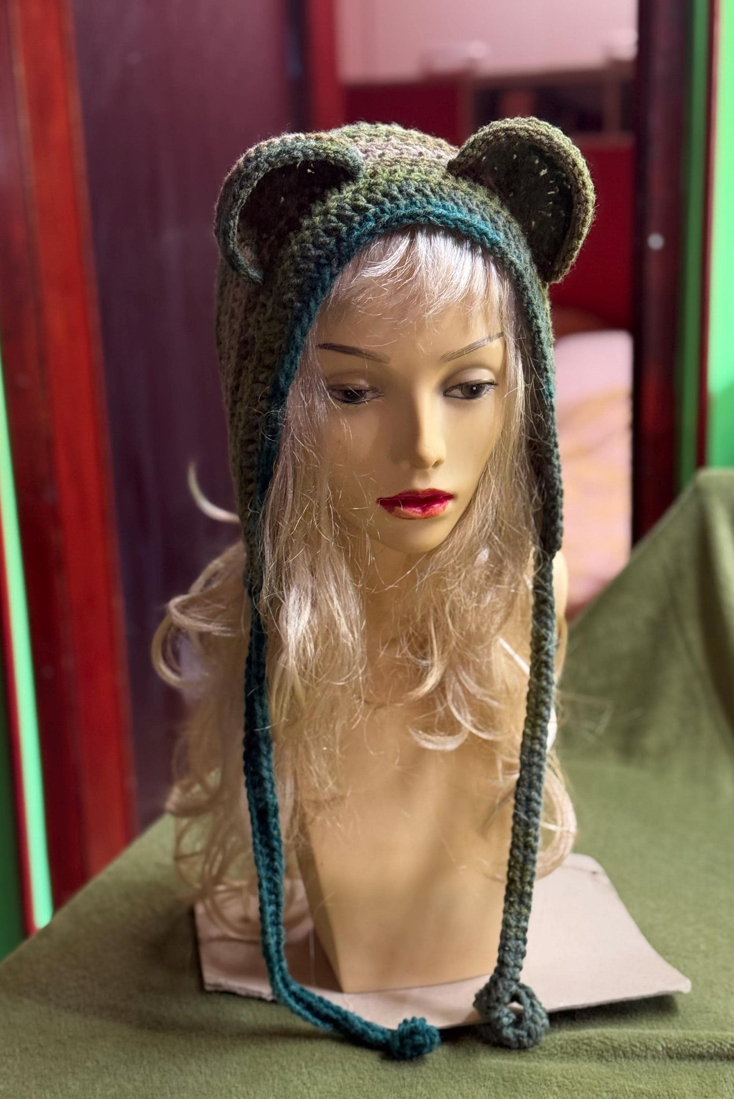 Crochet Bear Ear Bonnet with Ties, Sage Green Mossy Animal Hood, Forest Core Aesthetic Winter Hat, Handmade Bear Beanie with Pom Poms, Woodl
