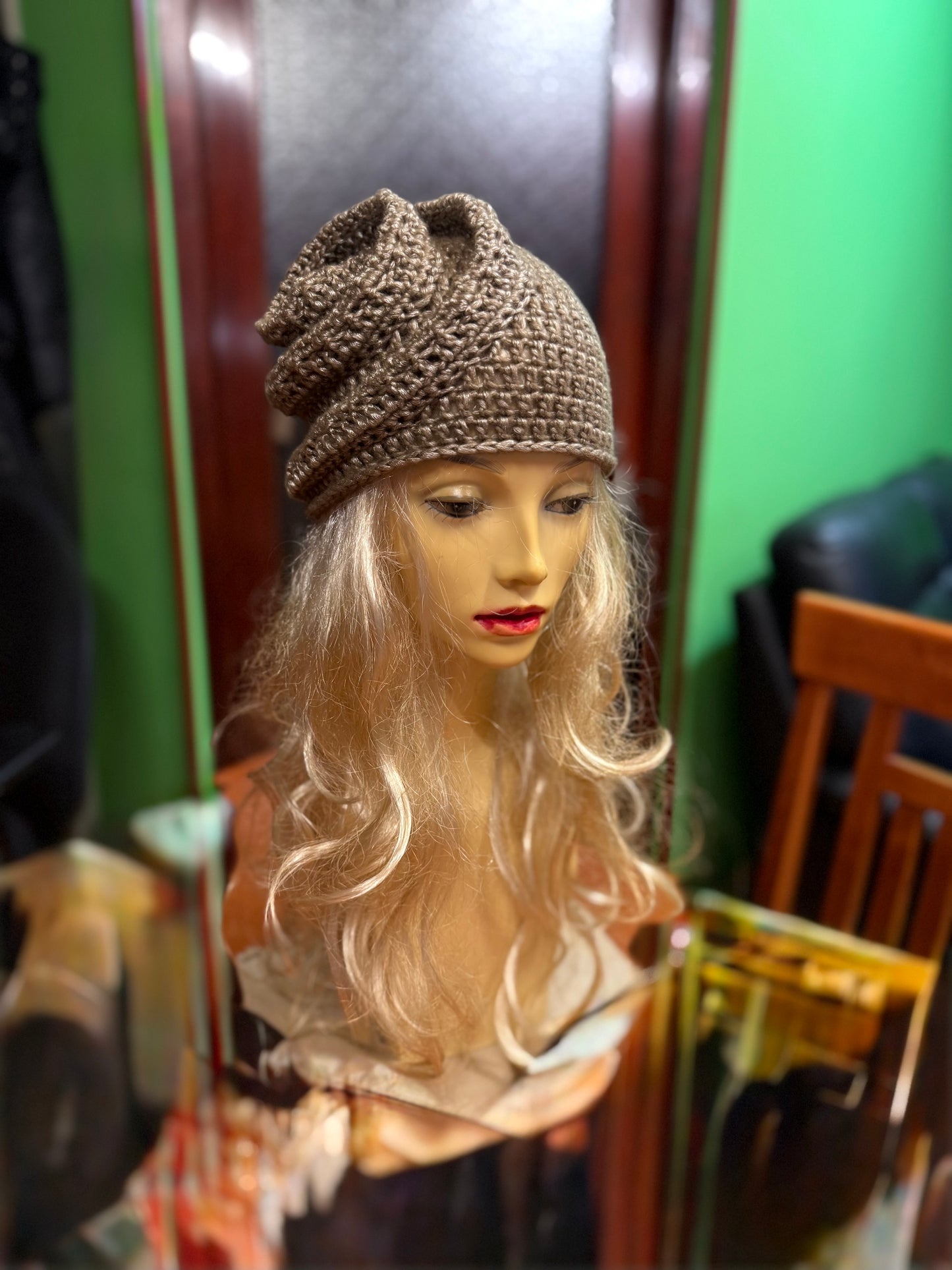 Beige-gold Crochet Snail Hat – Handmade Spiral Beanie, snake hat, Winter Cloche