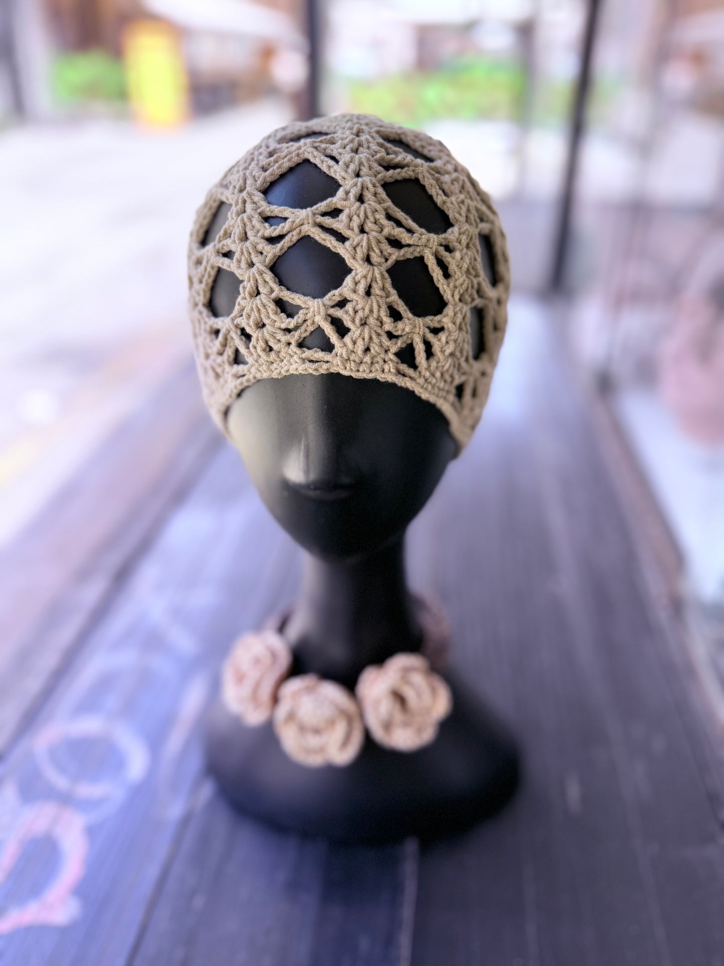 Mesh crochet beige beanie, handmade crochet hat