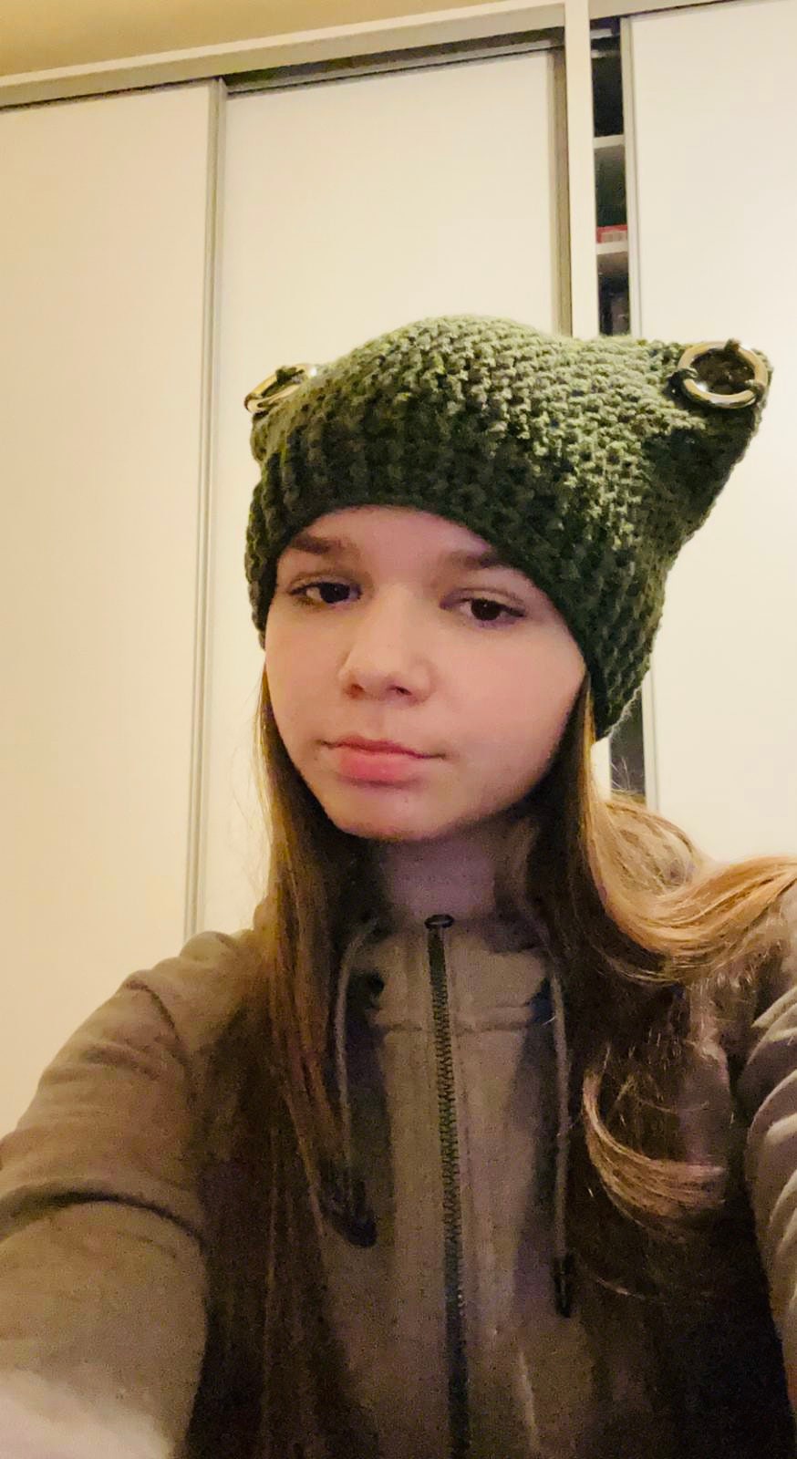Crochet Cat Ear Beanie with Rings - Handmade Wool Blend