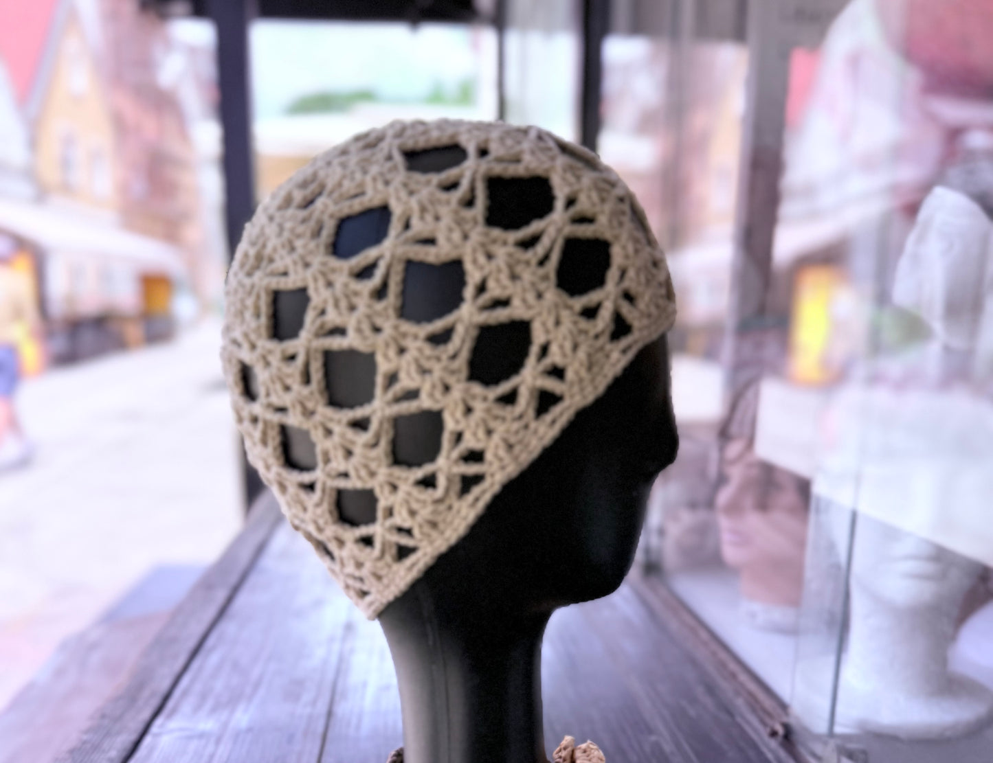 Mesh crochet beige beanie, handmade crochet hat