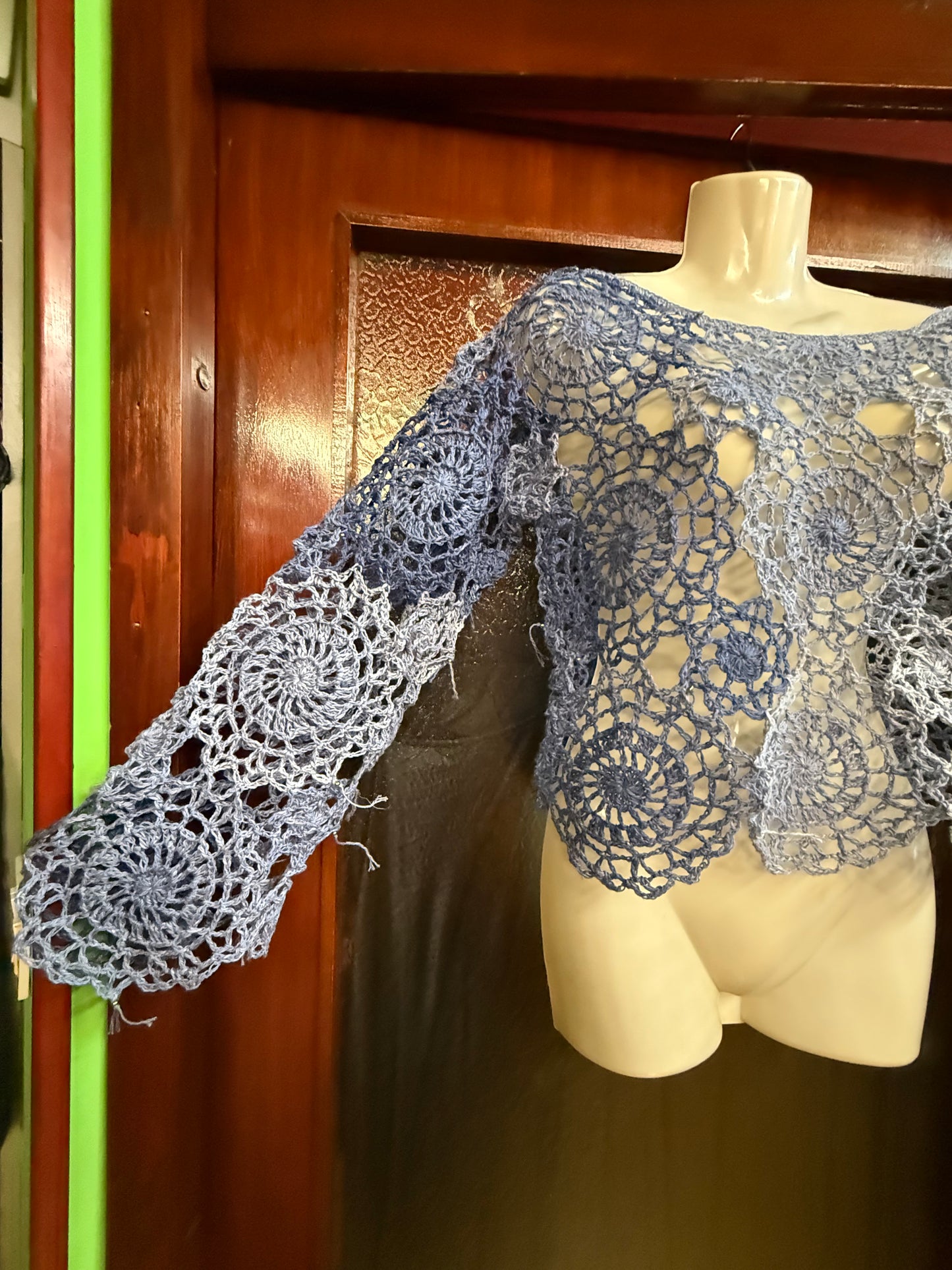 Crochet unique jeans blue Circle blouse, Hand-Crocheted Boho Blouse – Hemp & Cotton Blend with Hematite Accents