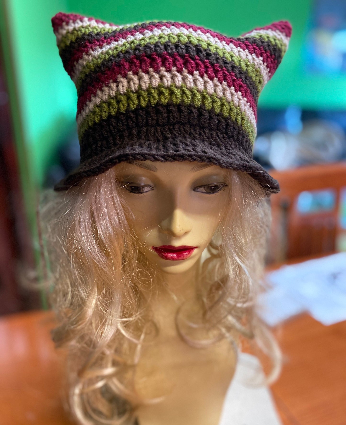 Crochet Cat Ears Bucket hat, striped earthy tones hat, striped winter bonnet, handmade striped kitty hat, grunge style hat, cat ears hat
