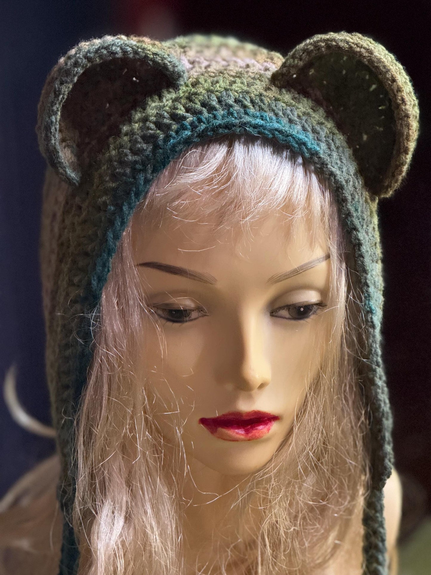 Crochet Bear Ear Bonnet with Ties, Sage Green Mossy Animal Hood, Forest Core Aesthetic Winter Hat, Handmade Bear Beanie with Pom Poms, Woodl