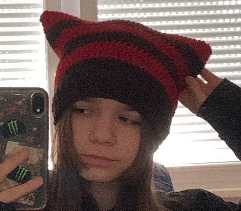 Handmade Striped Crochet Cat Ear Beanie: Wool Blend
