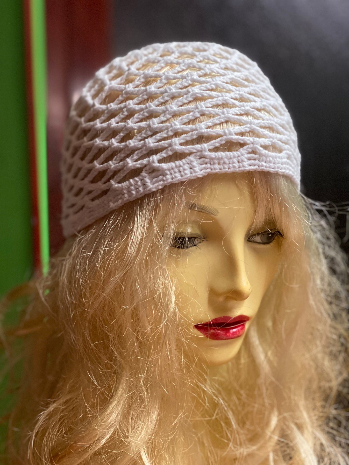 Crochet mesh beanie, black mesh hat, netted mesh beanie, crochet web hat, handmade hat, handmade gift, emerald green mesh beanie