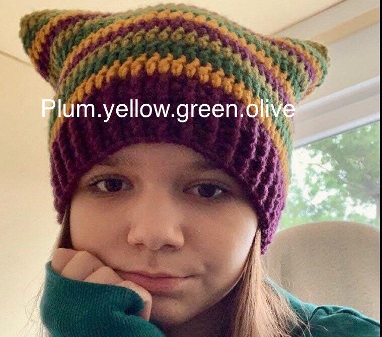 Crochet Cat Ears Beanie: Striped Wool-Blend Hat