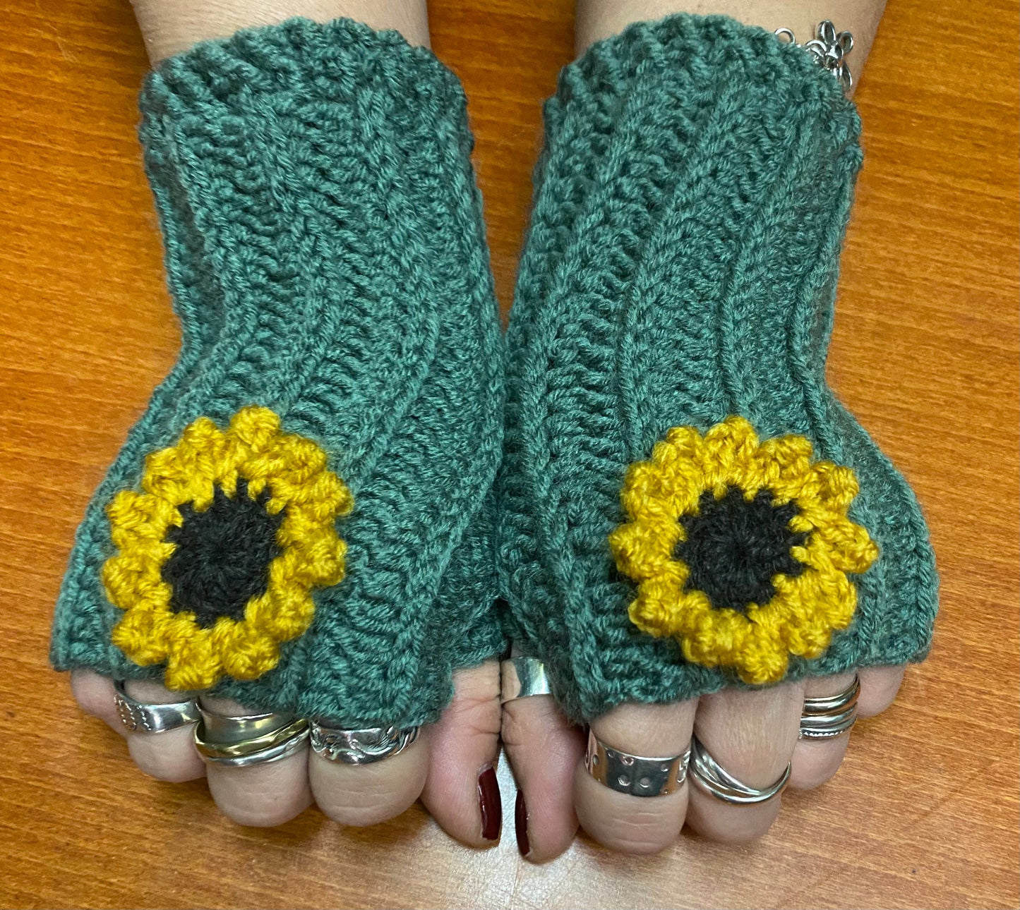 Crochet Sunflower Hand Warmers: Blue-Green Wool Blend Gloves