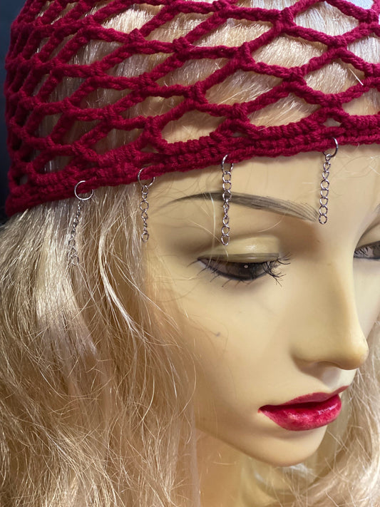 Crochet Mesh beanie, netted mesh beanie, crochet mesh hat, handmade mesh hat, handmade gift, red beanie, cap with chain bangs