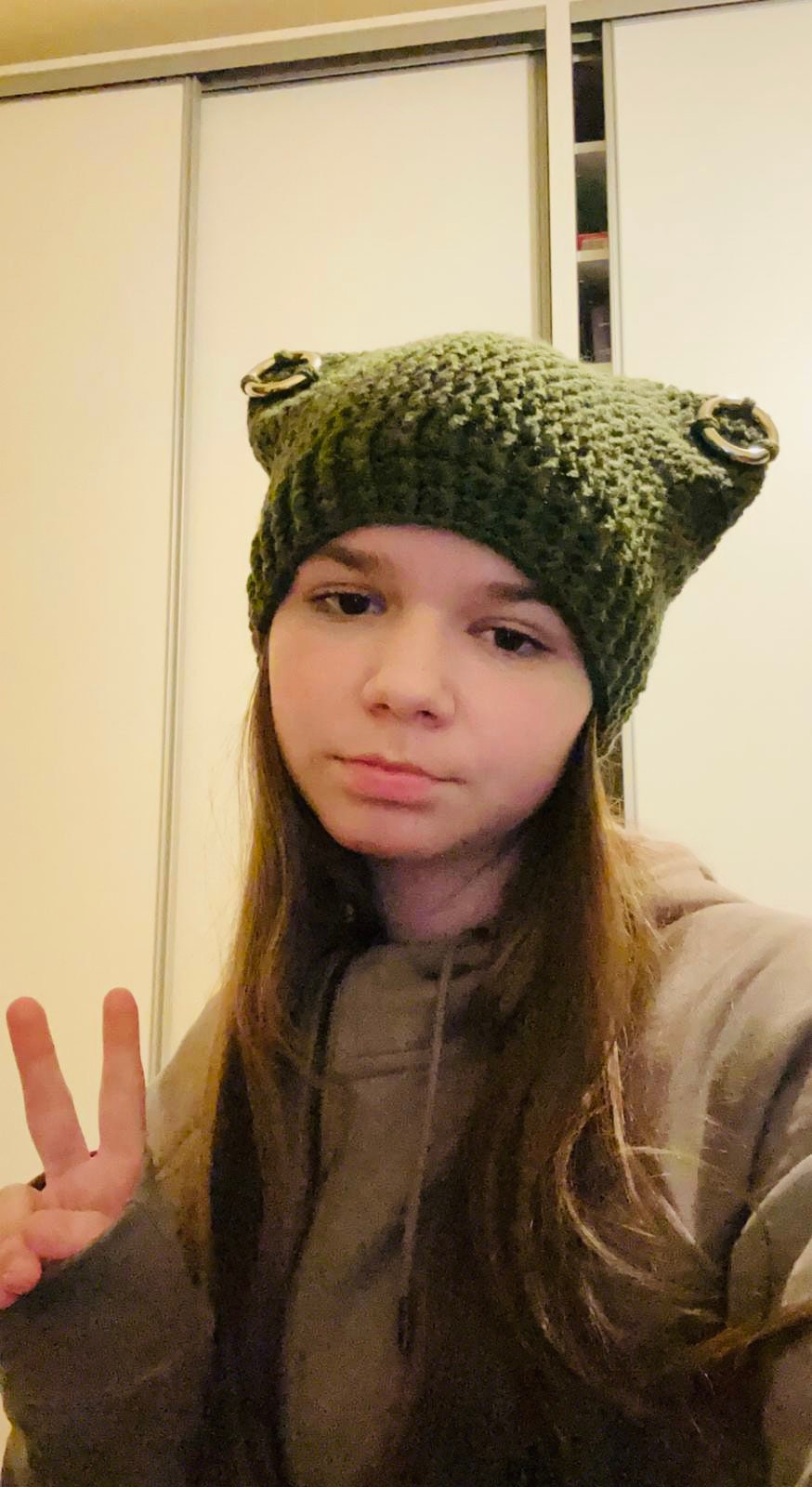 Crochet Cat Ear Beanie with Rings - Handmade Wool Blend