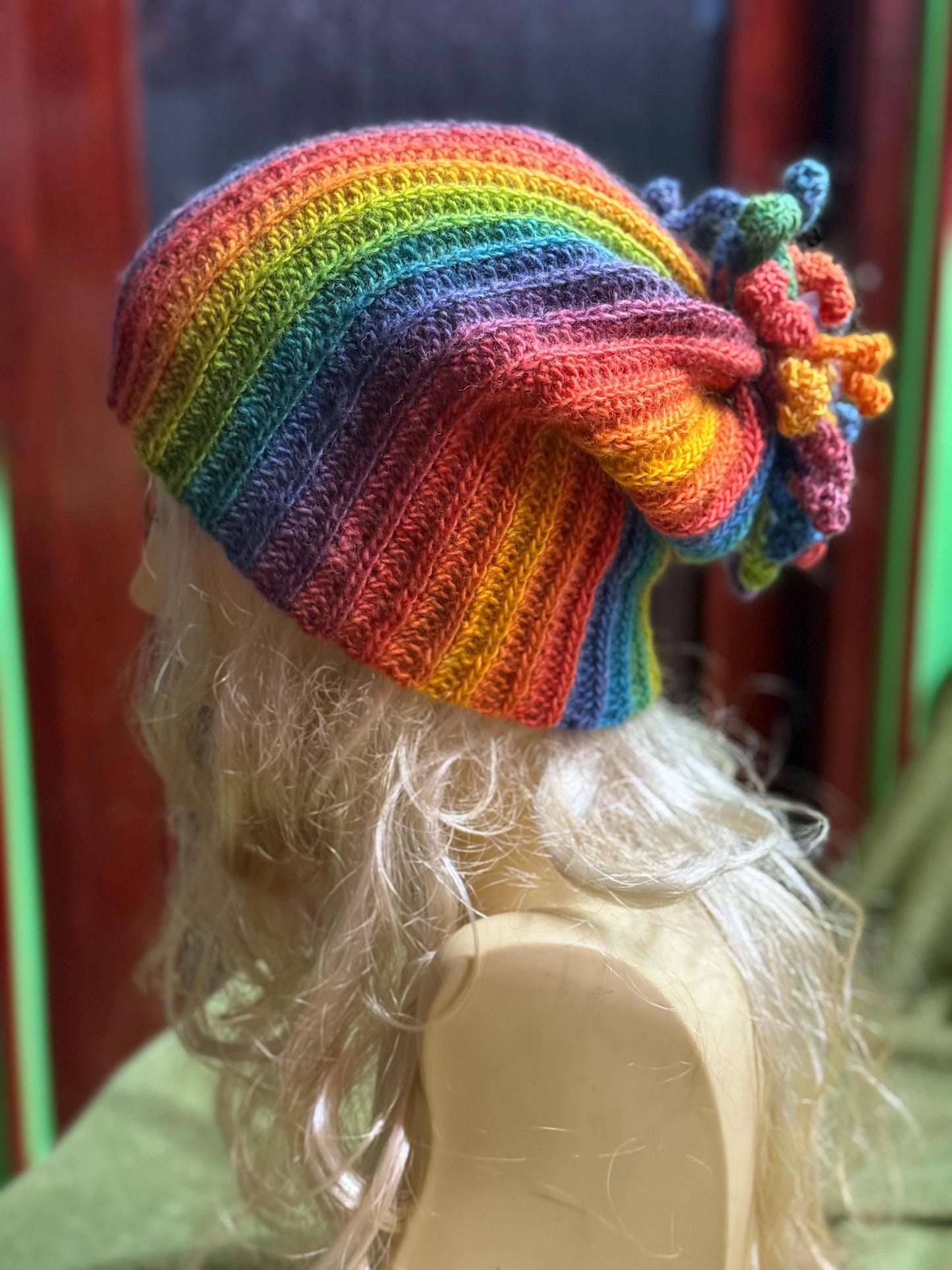 Crochet Rainbow Hat, Colorful Winter Beanie, Unique Spiral Pom Pom Hat, Handmade Gift for Her, Vibrant Boho Winter Accessory, Wool Knit hat