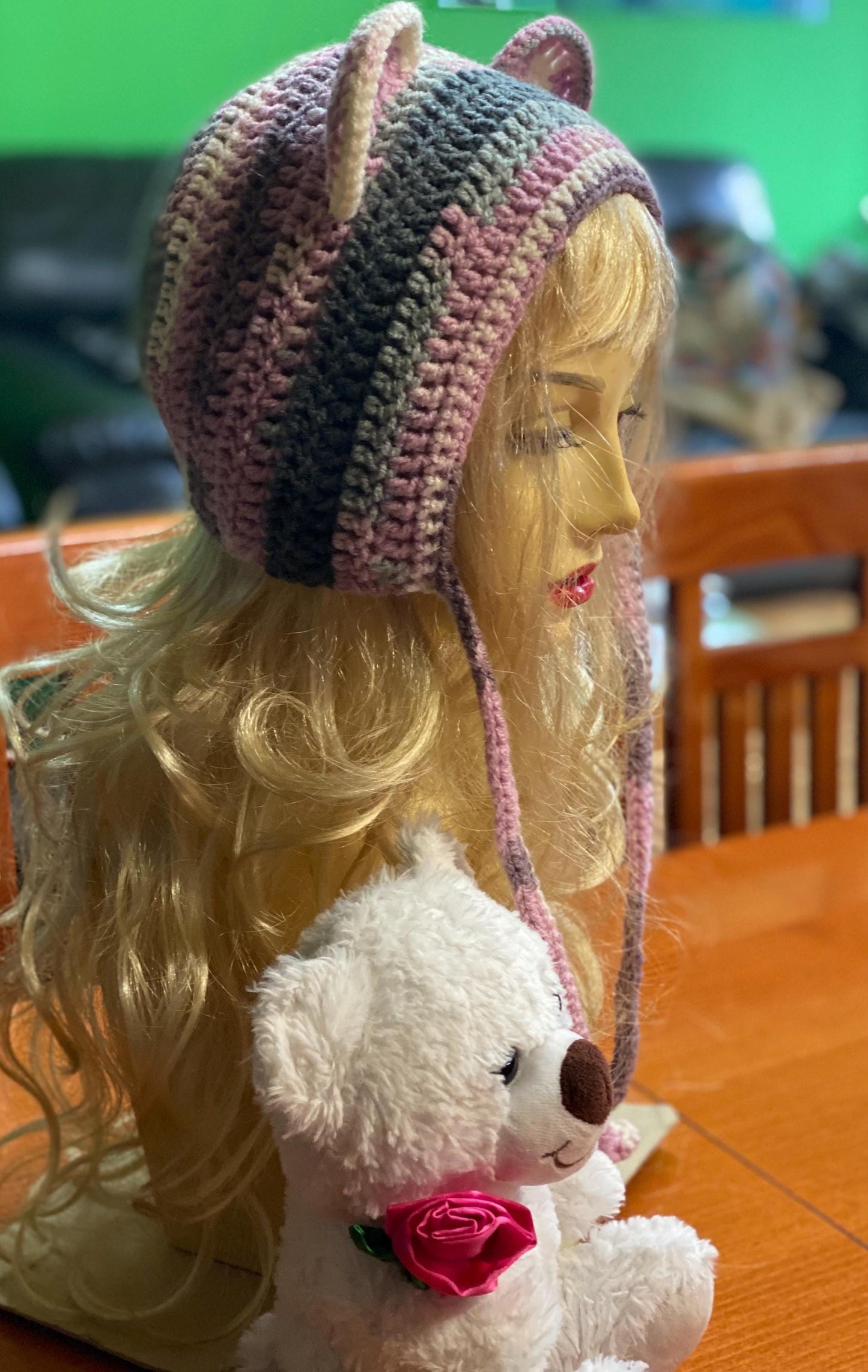 Handmade  Bear Ear Bonnet with Ties, Crochet Animal Ear Beanie, Gothic Aesthetic Winter Hat, Cute Bear Ear Hood with Tassels, Coquette