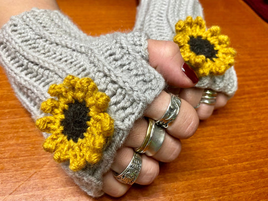 Crochet Sunflower Fingerless Gloves: Beige Wool Blend Hand Warmers