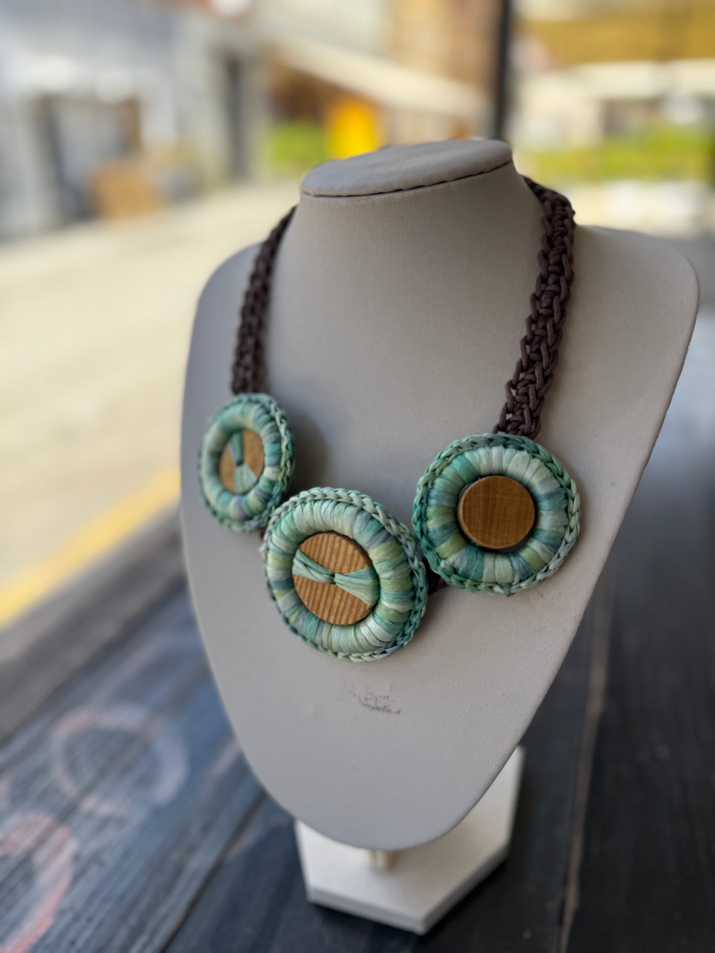 Crochet raffia wooden necklace