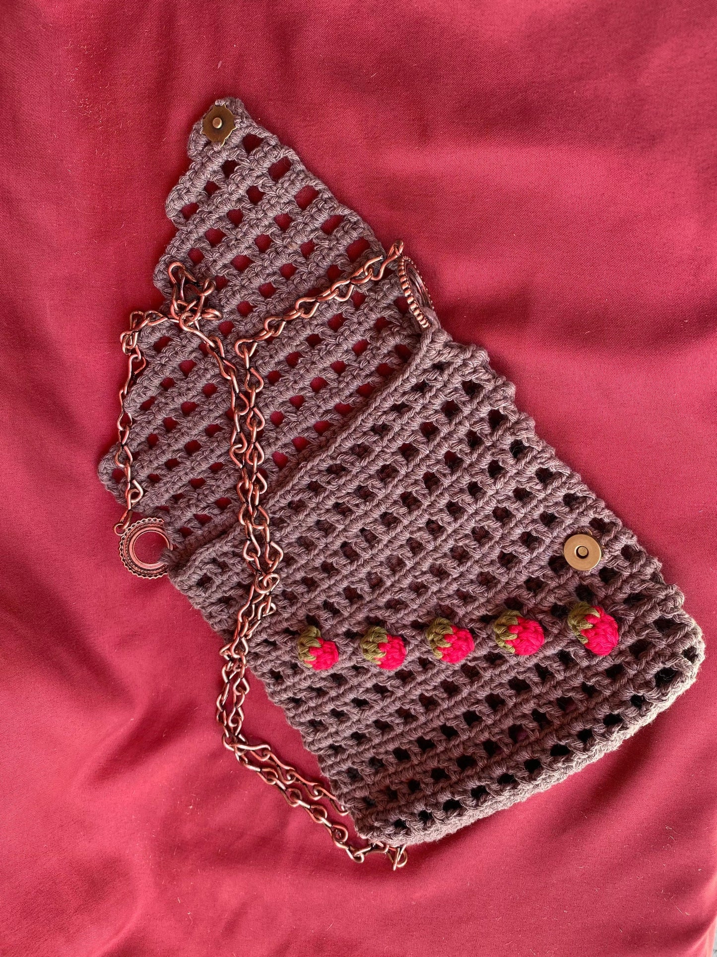 Crochet Strawberry Bag: Cotton Net Bag with Rose Gold Chain