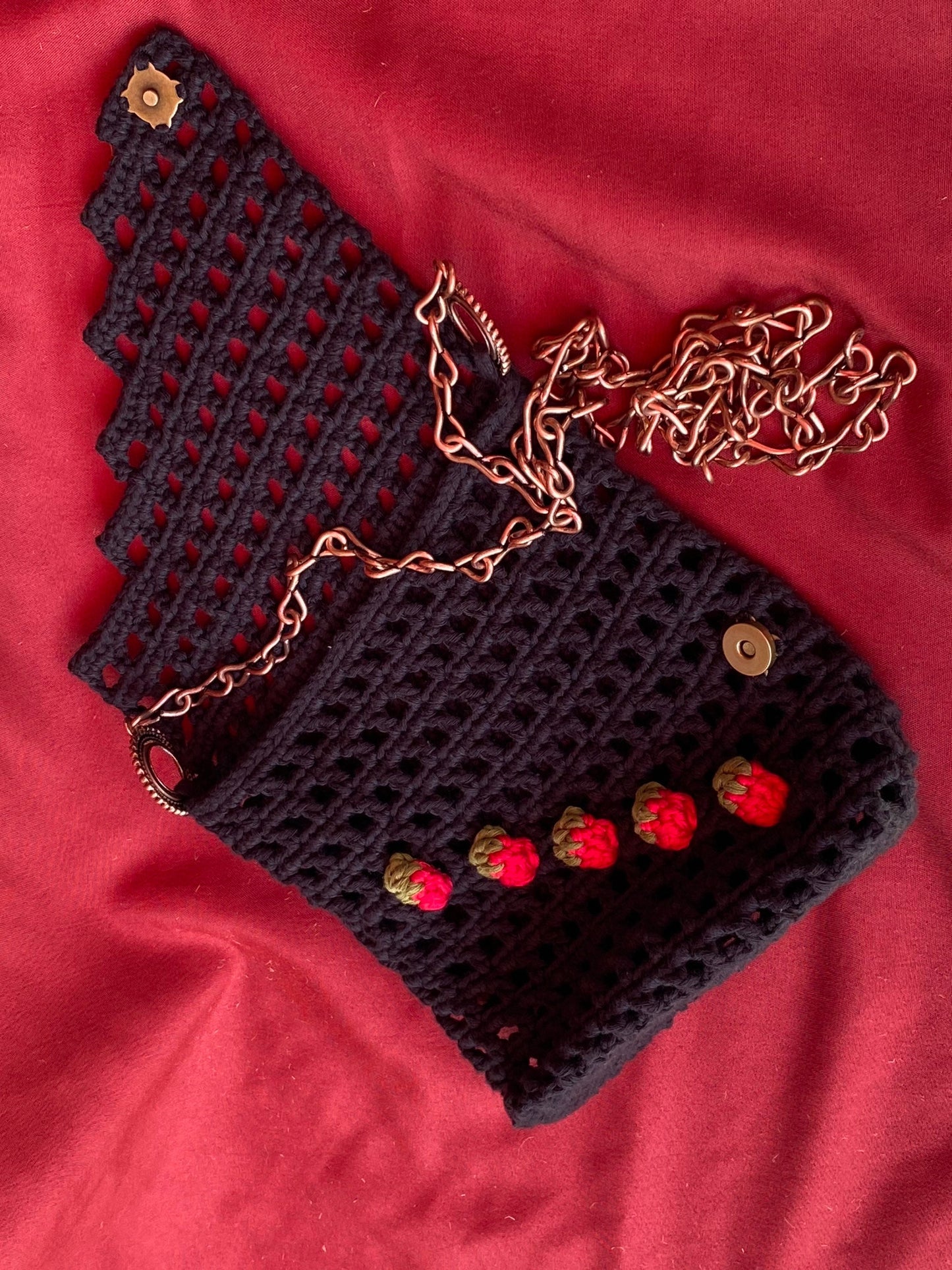 Crochet Strawberry Bag: Cotton Net Bag with Rose Gold Chain