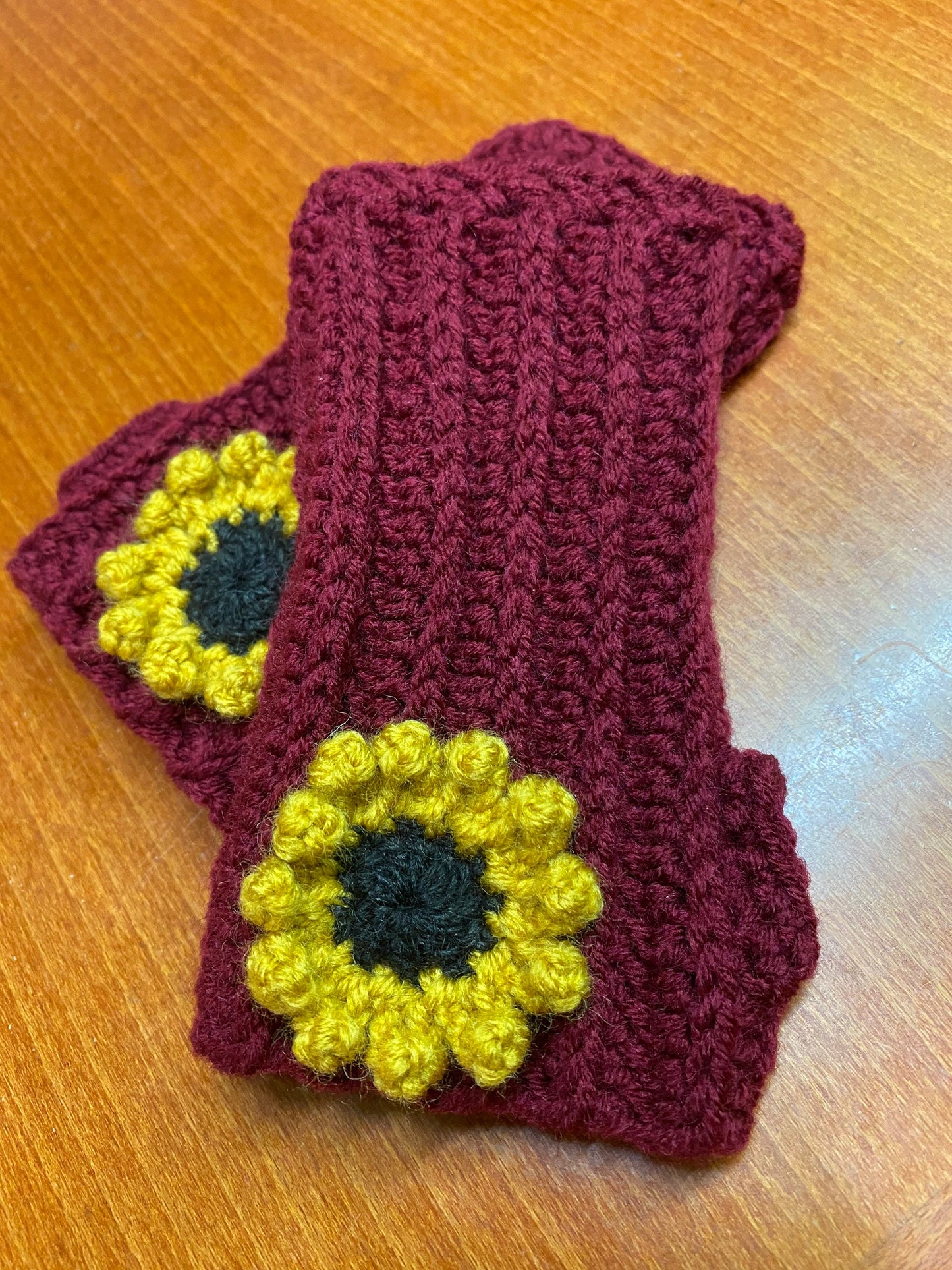 Crochet Sunflower Gloves: Burgundy Wool Blend Hand Warmers