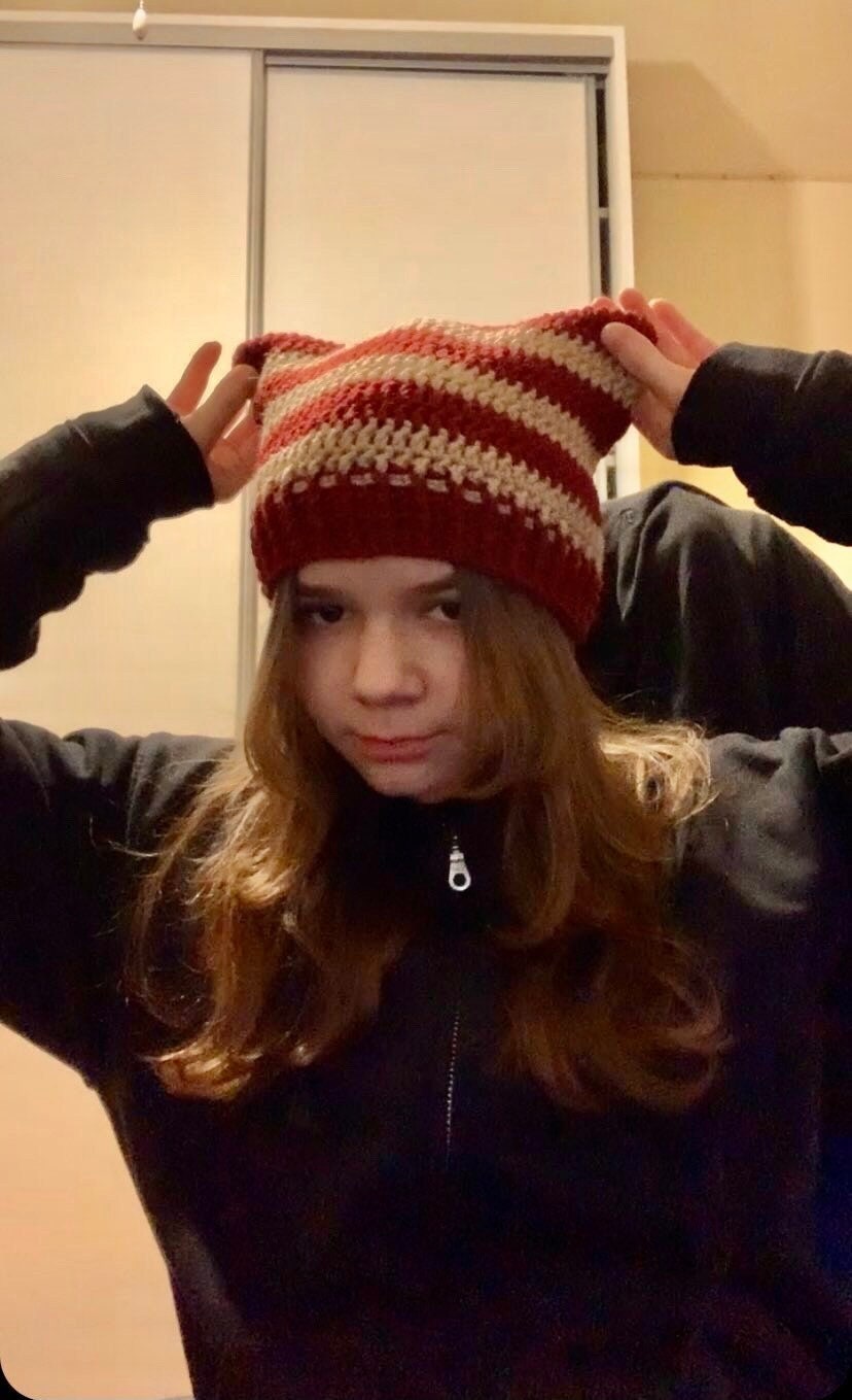 Cat beanie, striped crochet hat, RenaDiDesign | Handmade Crochet Cat Ear Beanie - Soft Chunky Knit Winter Hat