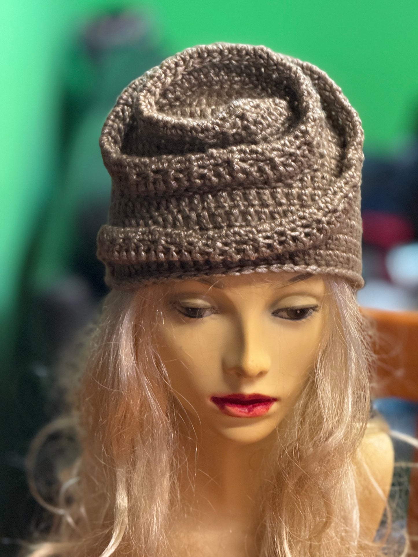 Beige-gold Crochet Snail Hat – Handmade Spiral Beanie, snake hat, Winter Cloche