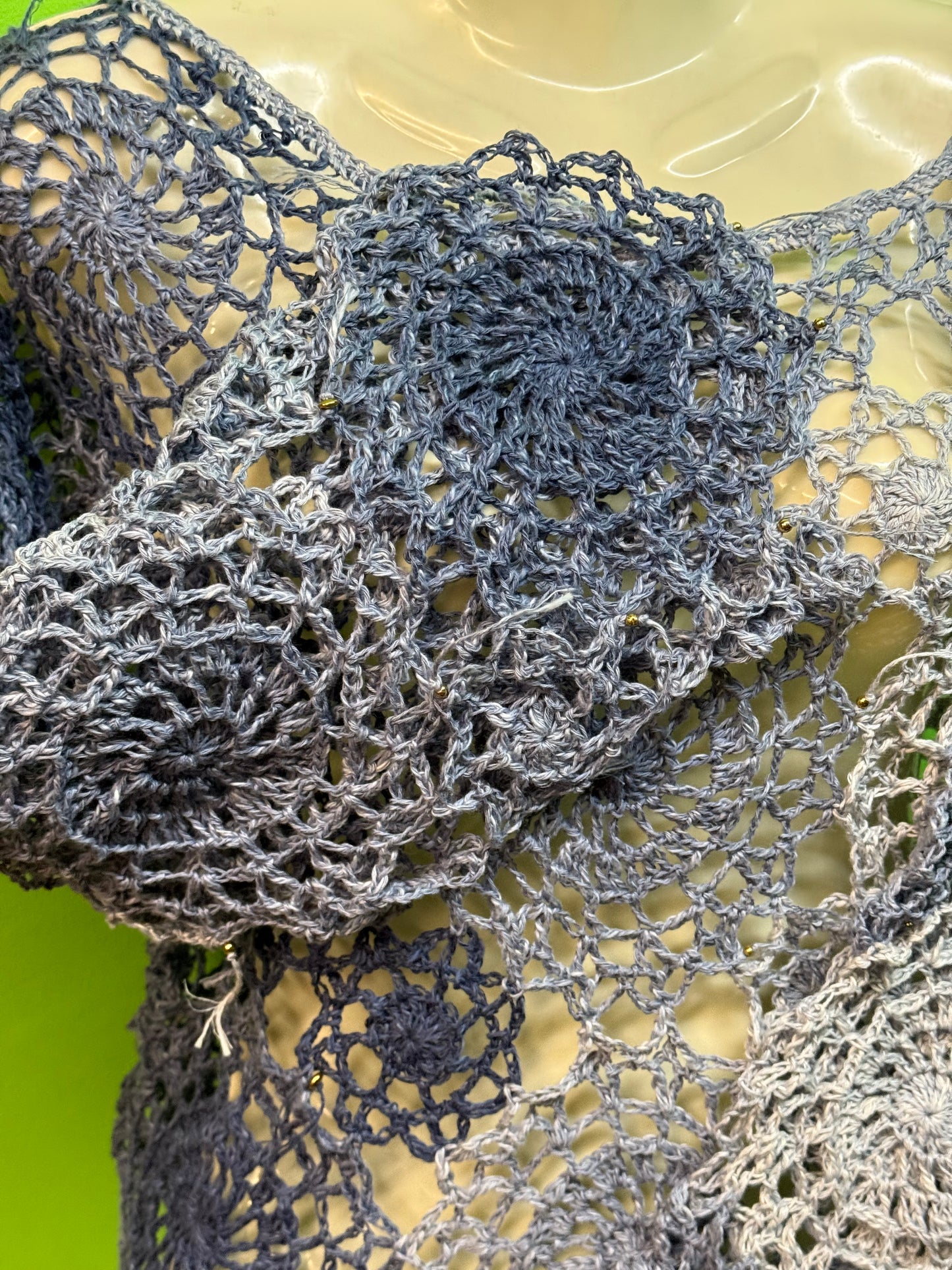 Crochet unique jeans blue Circle blouse, Hand-Crocheted Boho Blouse – Hemp & Cotton Blend with Hematite Accents