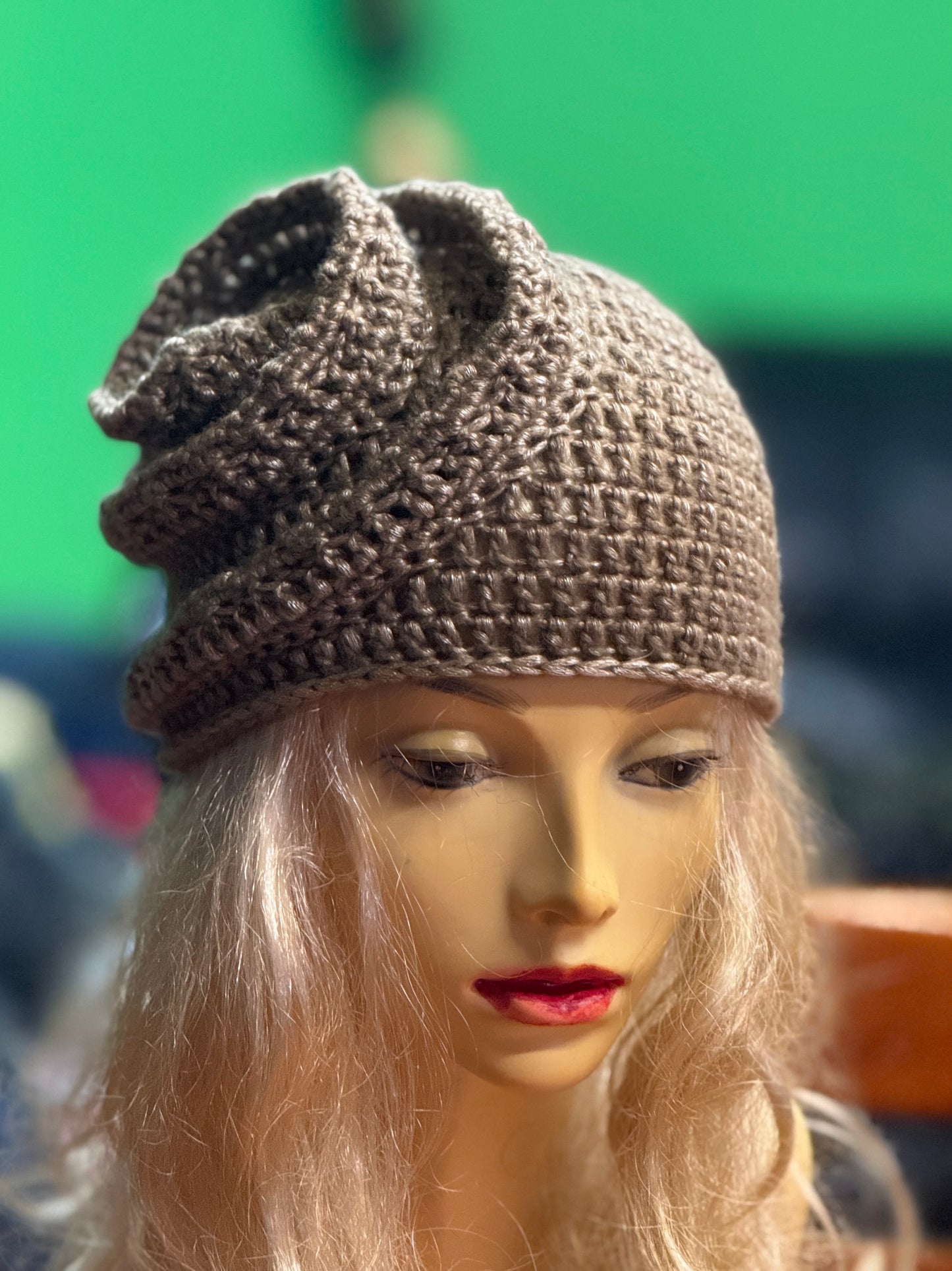 Beige-gold Crochet Snail Hat – Handmade Spiral Beanie, snake hat, Winter Cloche