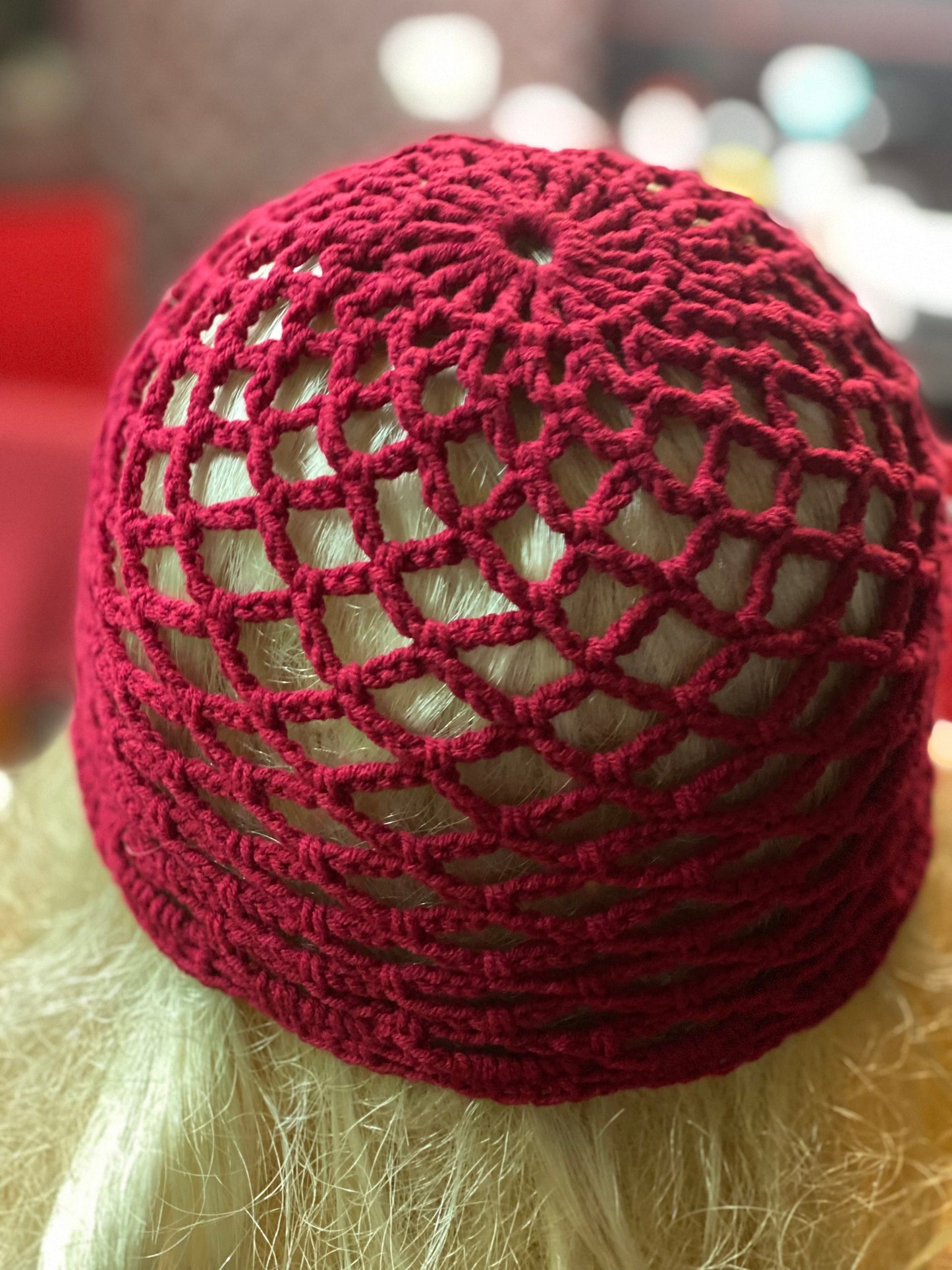 Crochet Mesh beanie, netted mesh beanie, crochet mesh hat, handmade mesh hat, handmade gift, red beanie, cap with chain bangs