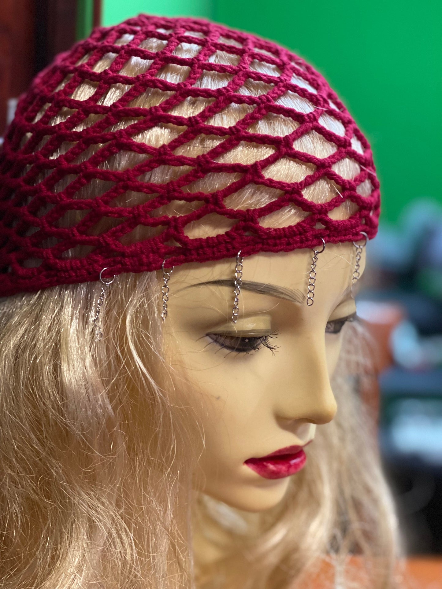 Crochet Mesh beanie, netted mesh beanie, crochet mesh hat, handmade mesh hat, handmade gift, red beanie, cap with chain bangs