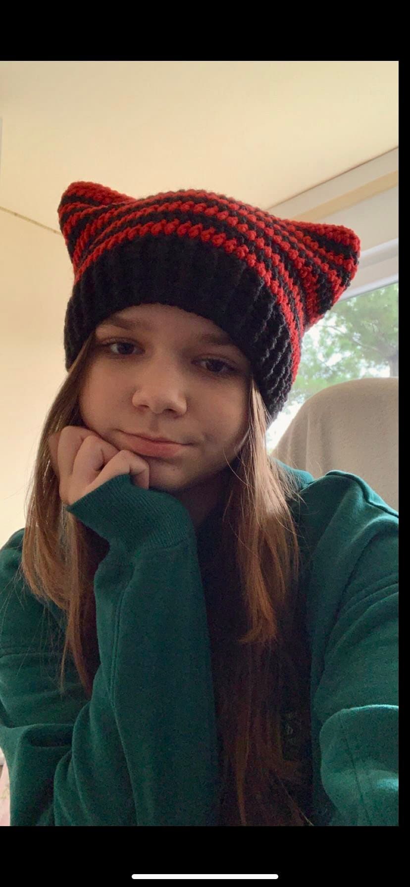 Crochet Cat Ear Beanie: Striped Wool-Blend Handmade Hat