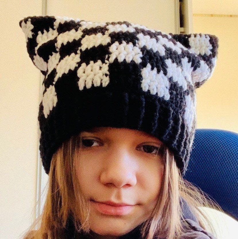 Cat checkered beanie, cat ear beanie, Cat ear checkered beanie, crocheted black&white hat, chessboard, chess beanie, handmade gift