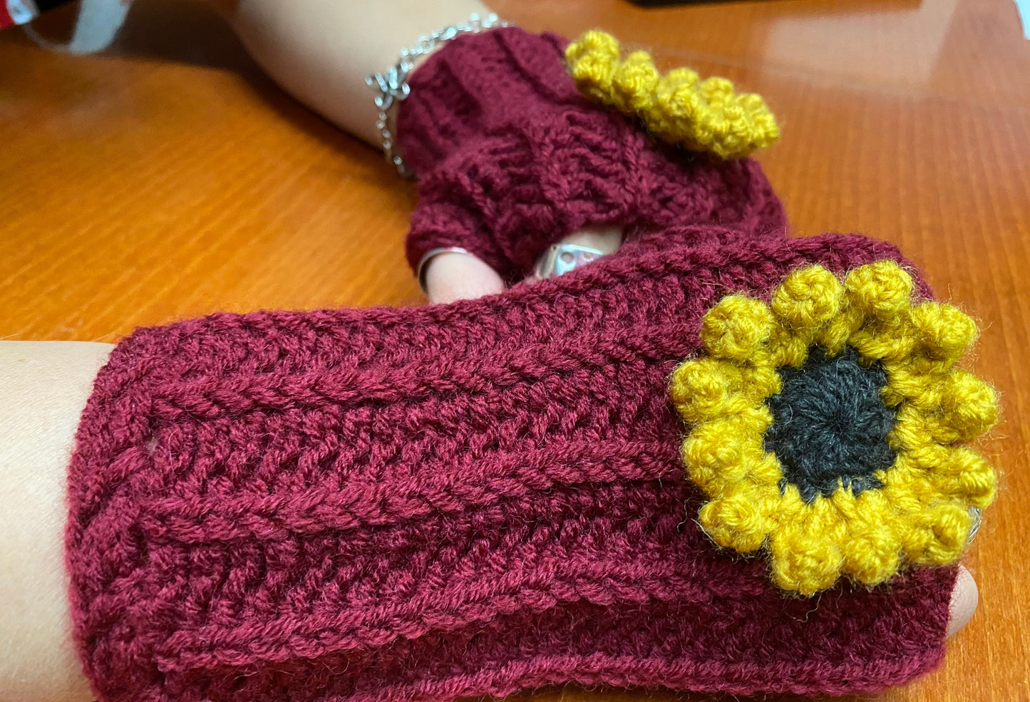 Crochet Sunflower Gloves: Burgundy Wool Blend Hand Warmers