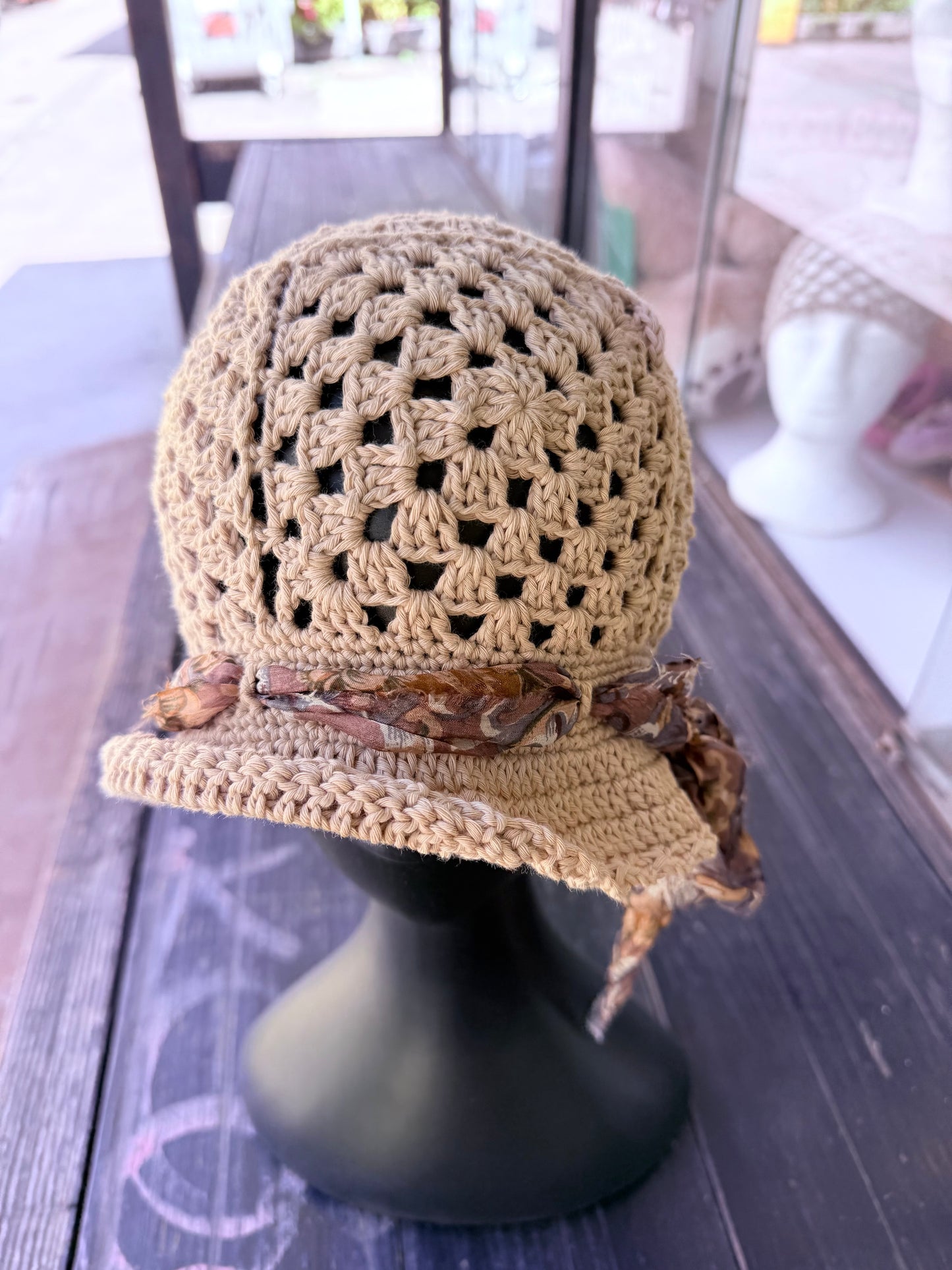 Crochet beige bucket Sun Hat,Handmade Cotton Hat, granny squere bucket hat