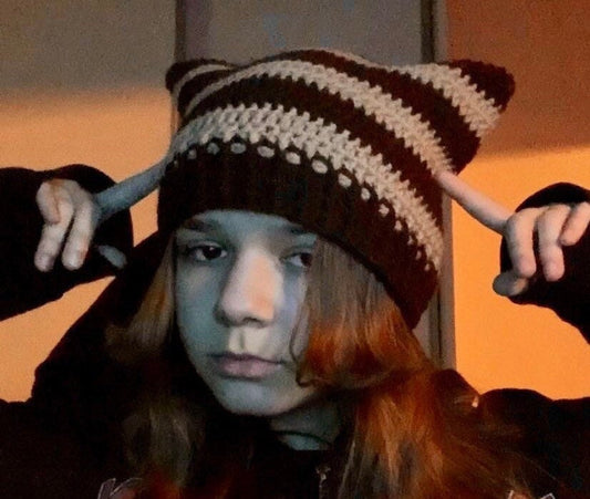 Striped Crochet Cat Ears Beanie: Handmade Wool Blend Hat