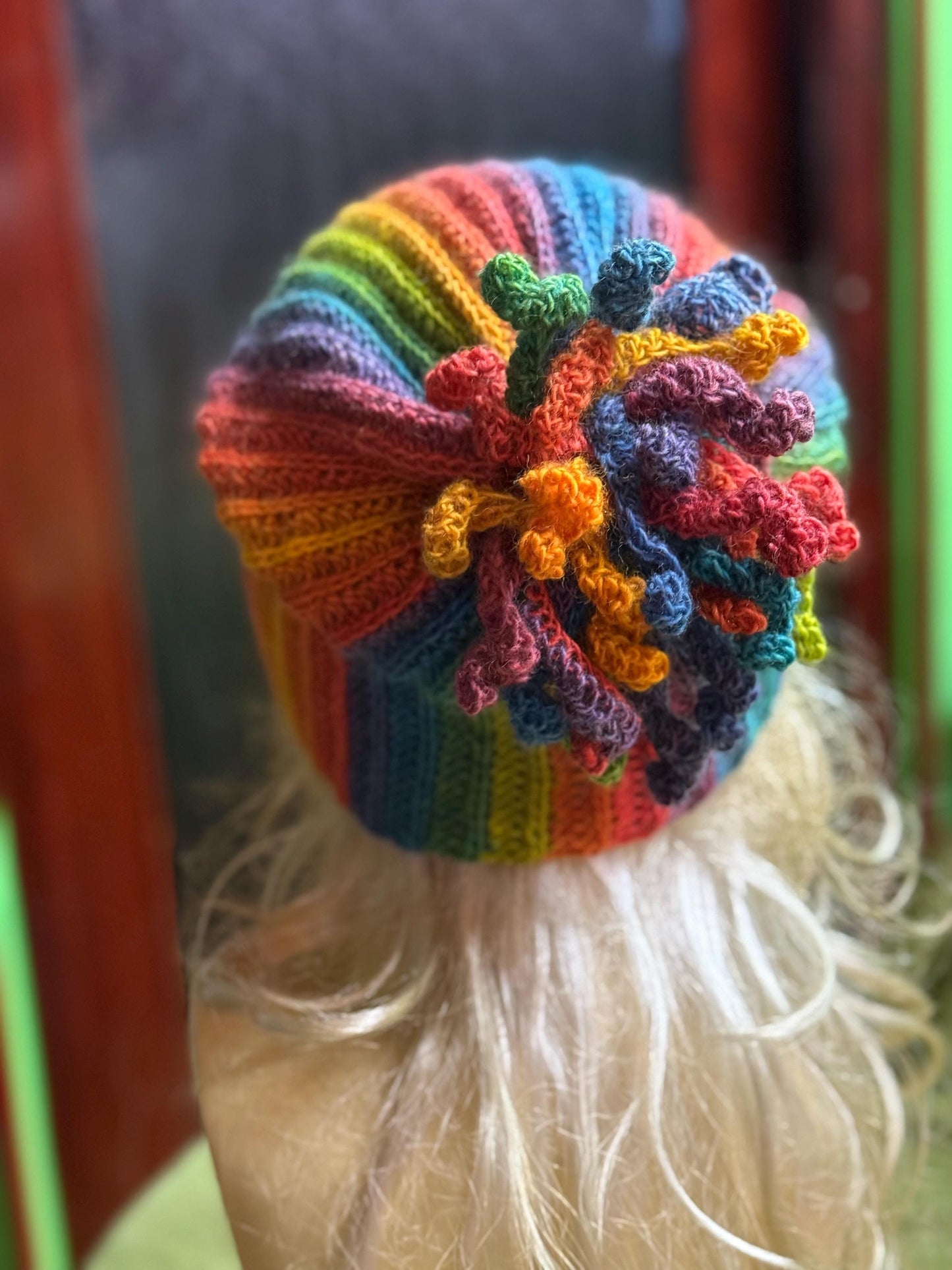 Crochet Rainbow Hat, Colorful Winter Beanie, Unique Spiral Pom Pom Hat, Handmade Gift for Her, Vibrant Boho Winter Accessory, Wool Knit hat