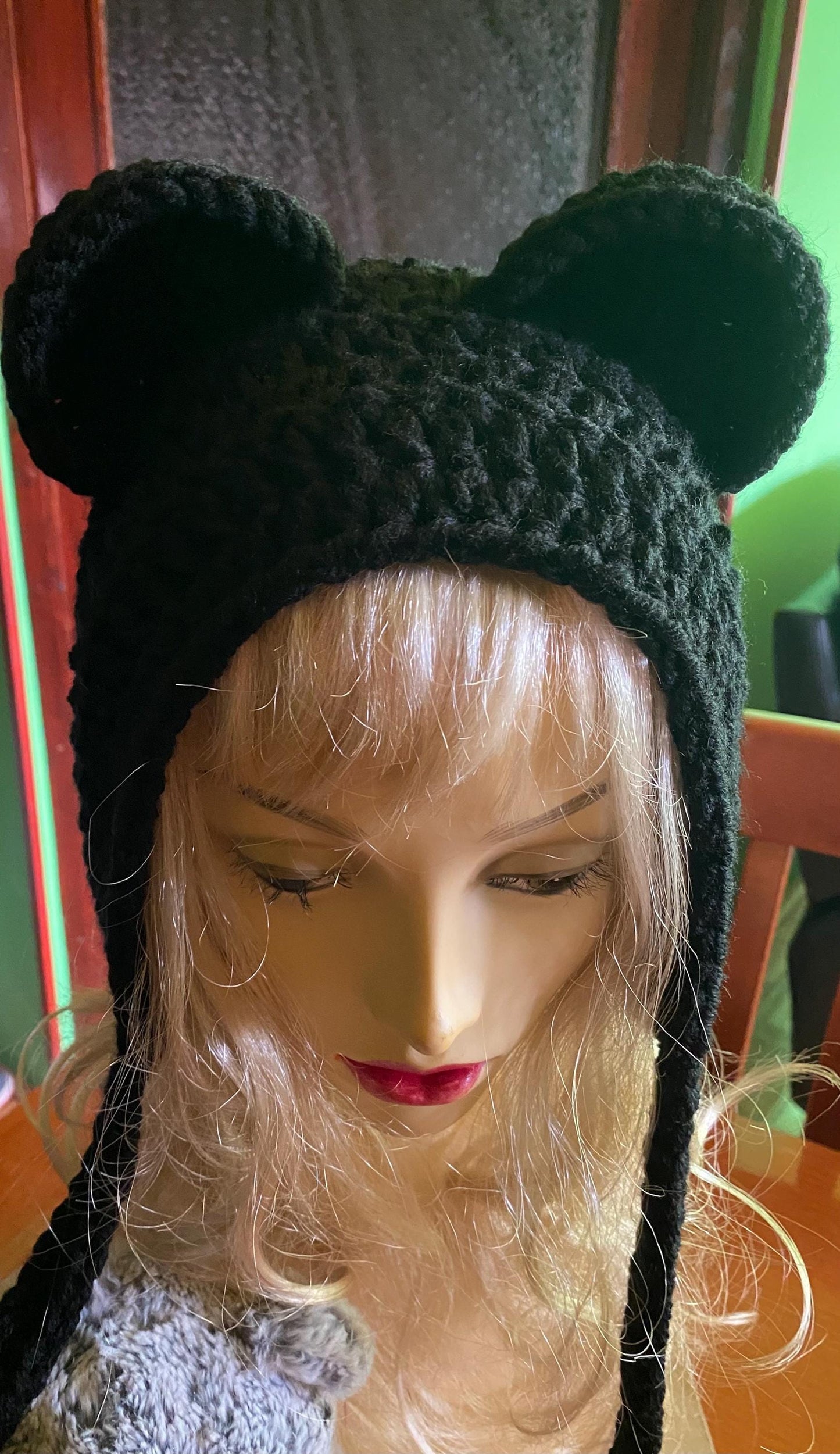 Handmade Black Bear Ear Bonnet with Ties, Crochet Animal Ear Beanie, Gothic Aesthetic Winter Hat, Cute Bear Ear Hood with Tassels, Coquette