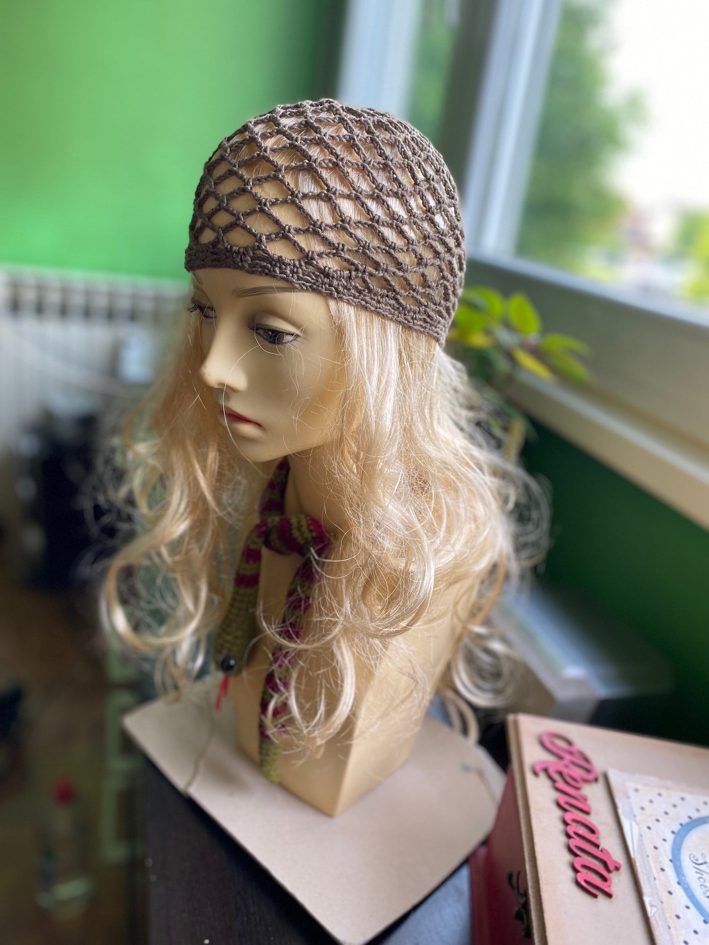 Crochet mesh hat, Olive mesh crochet beanie, web beanie, olive crochet beanie, mesh crochet hat, viscose&silk hat, crochet hat, hair net