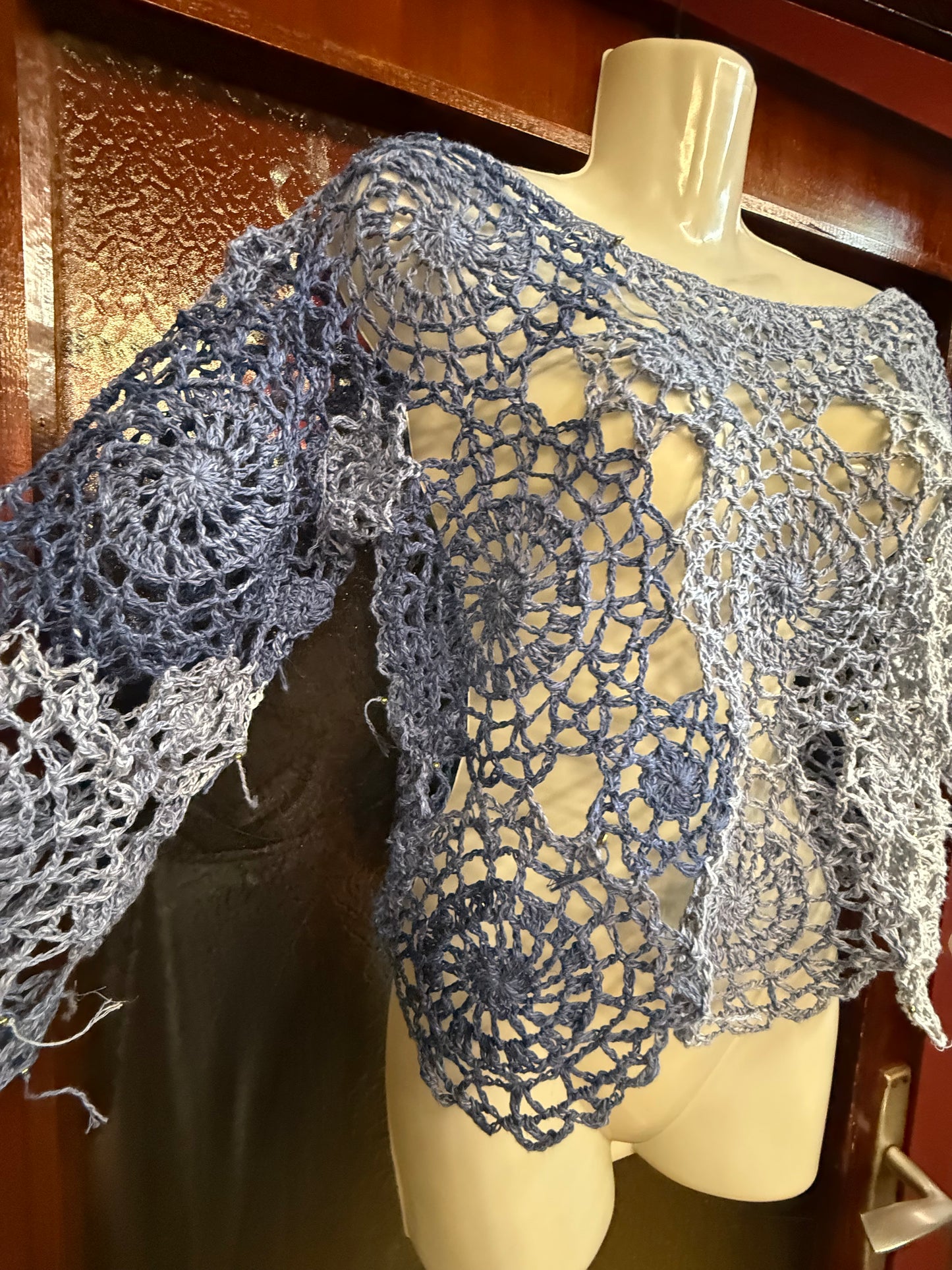 Crochet unique jeans blue Circle blouse, Hand-Crocheted Boho Blouse – Hemp & Cotton Blend with Hematite Accents