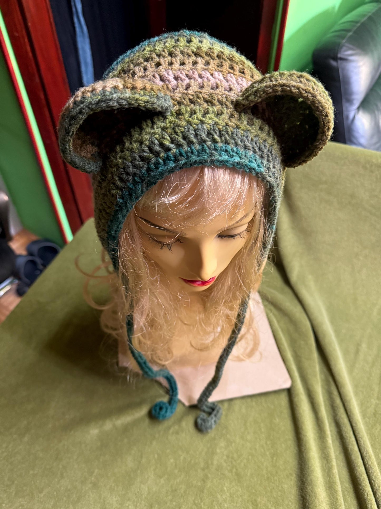 Crochet Bear Ear Bonnet with Ties, Sage Green Mossy Animal Hood, Forest Core Aesthetic Winter Hat, Handmade Bear Beanie with Pom Poms, Woodl