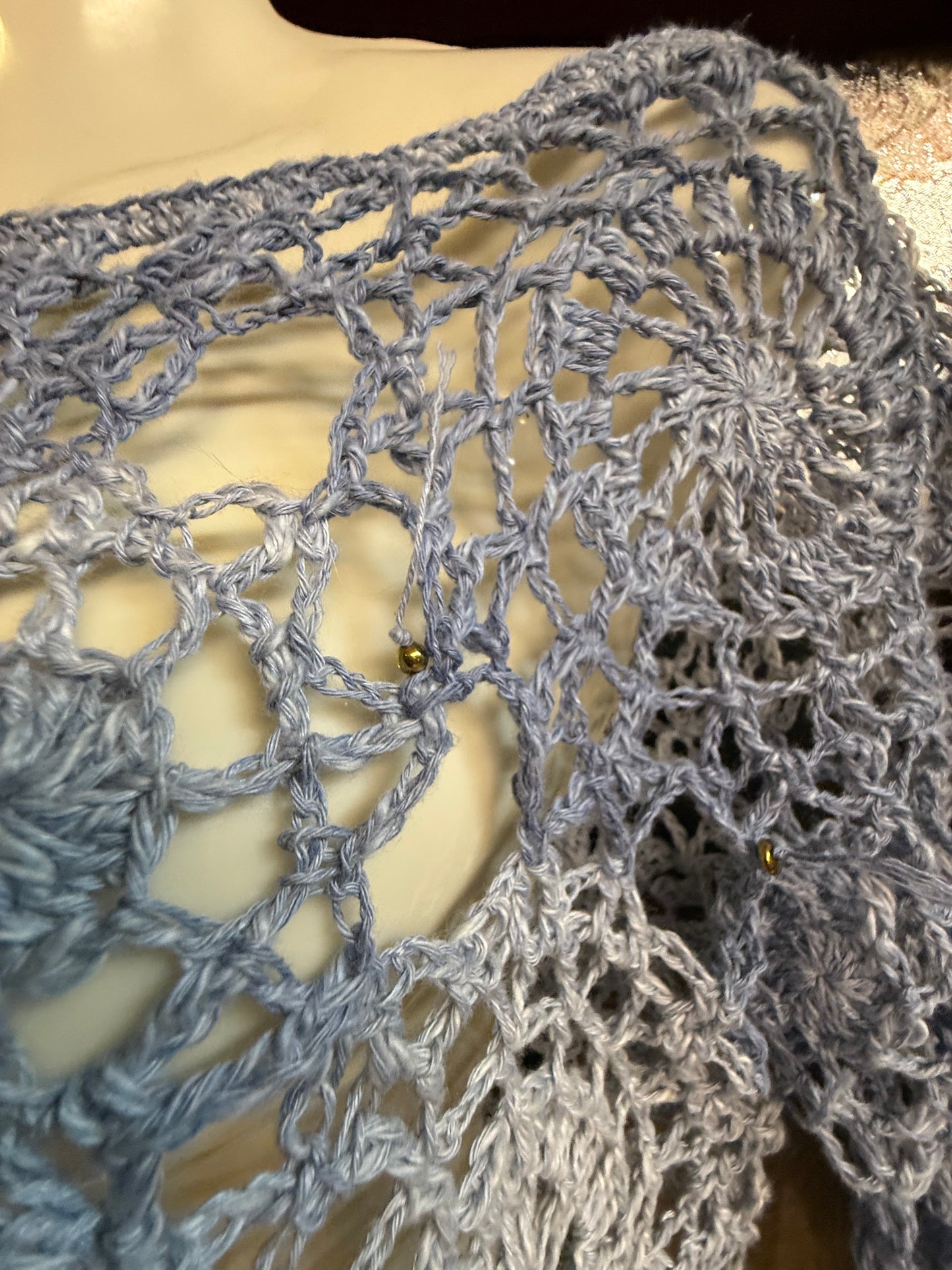 Crochet unique jeans blue Circle blouse, Hand-Crocheted Boho Blouse – Hemp & Cotton Blend with Hematite Accents
