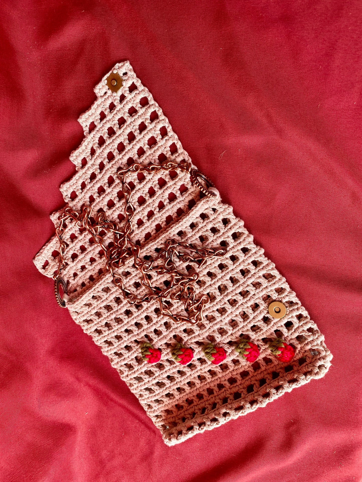 Crochet Strawberry Bag: Cotton Net Bag with Rose Gold Chain