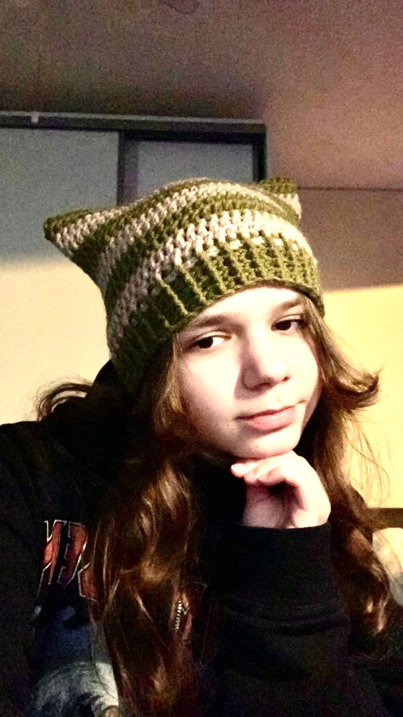 Striped Crochet Cat Ears Beanie: Handmade Wool Blend Hat