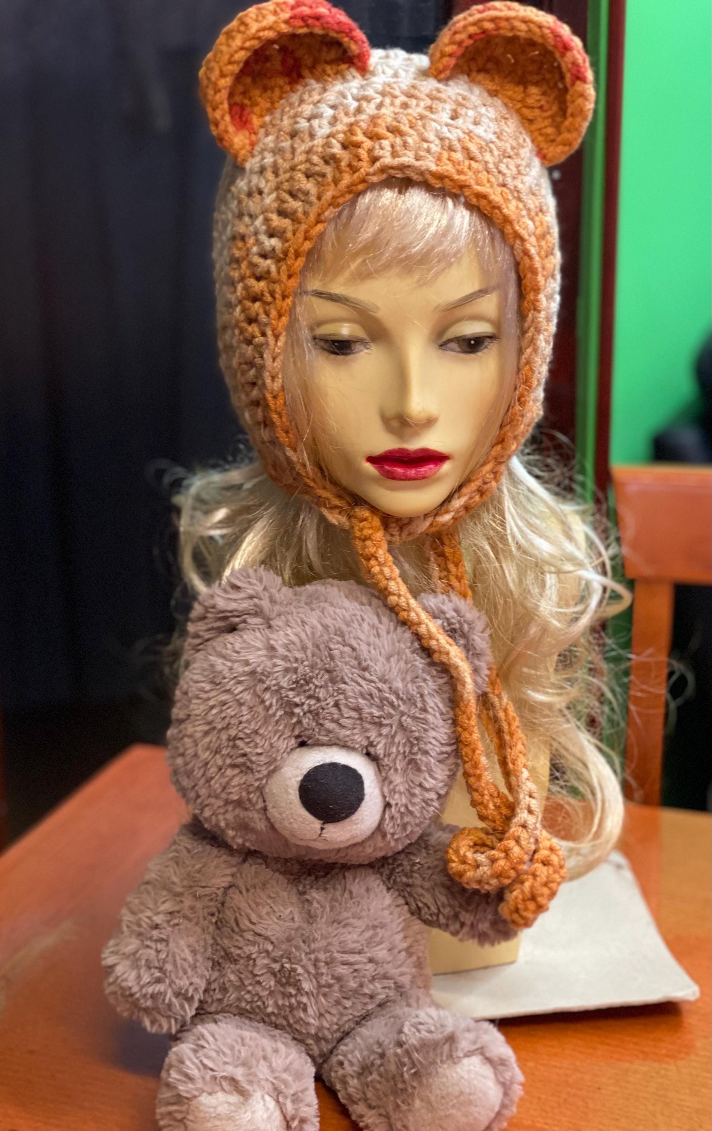 Handmade Black Bear Ear Bonnet with Ties, Crochet Animal Ear Beanie, Gothic Aesthetic Winter Hat, Cute Bear Ear Hood with Tassels, Coquette
