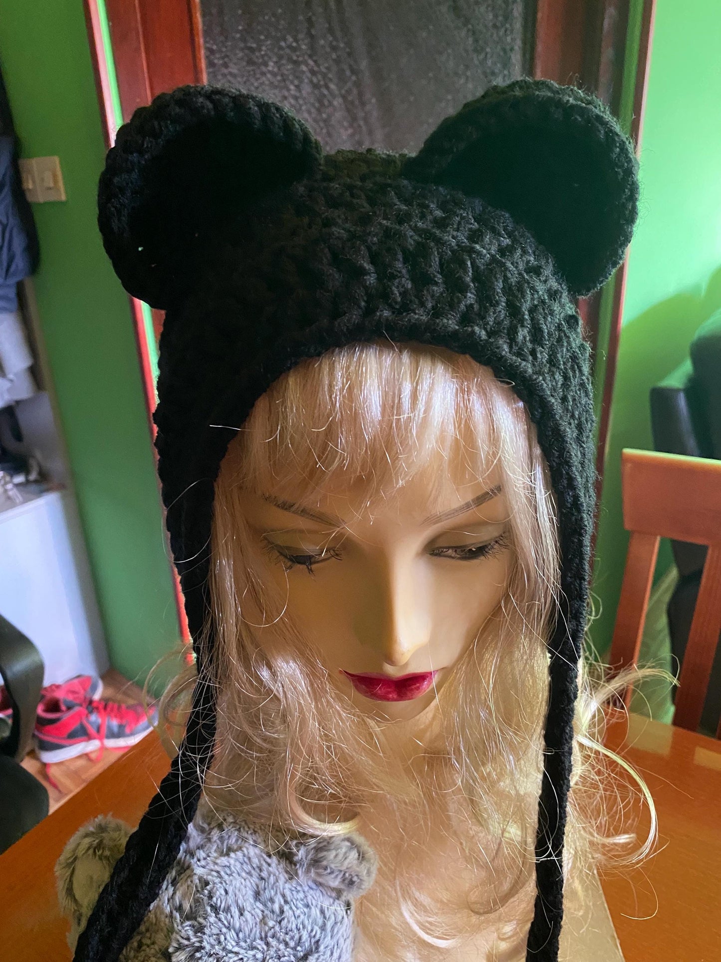 Handmade Black Bear Ear Bonnet with Ties, Crochet Animal Ear Beanie, Gothic Aesthetic Winter Hat, Cute Bear Ear Hood with Tassels, Coquette