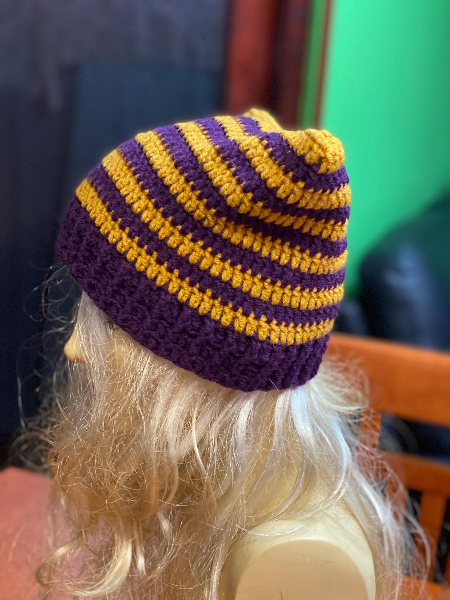 Crocheted Cat Ear Beanie: Plum & Yellow Striped Wool Blend