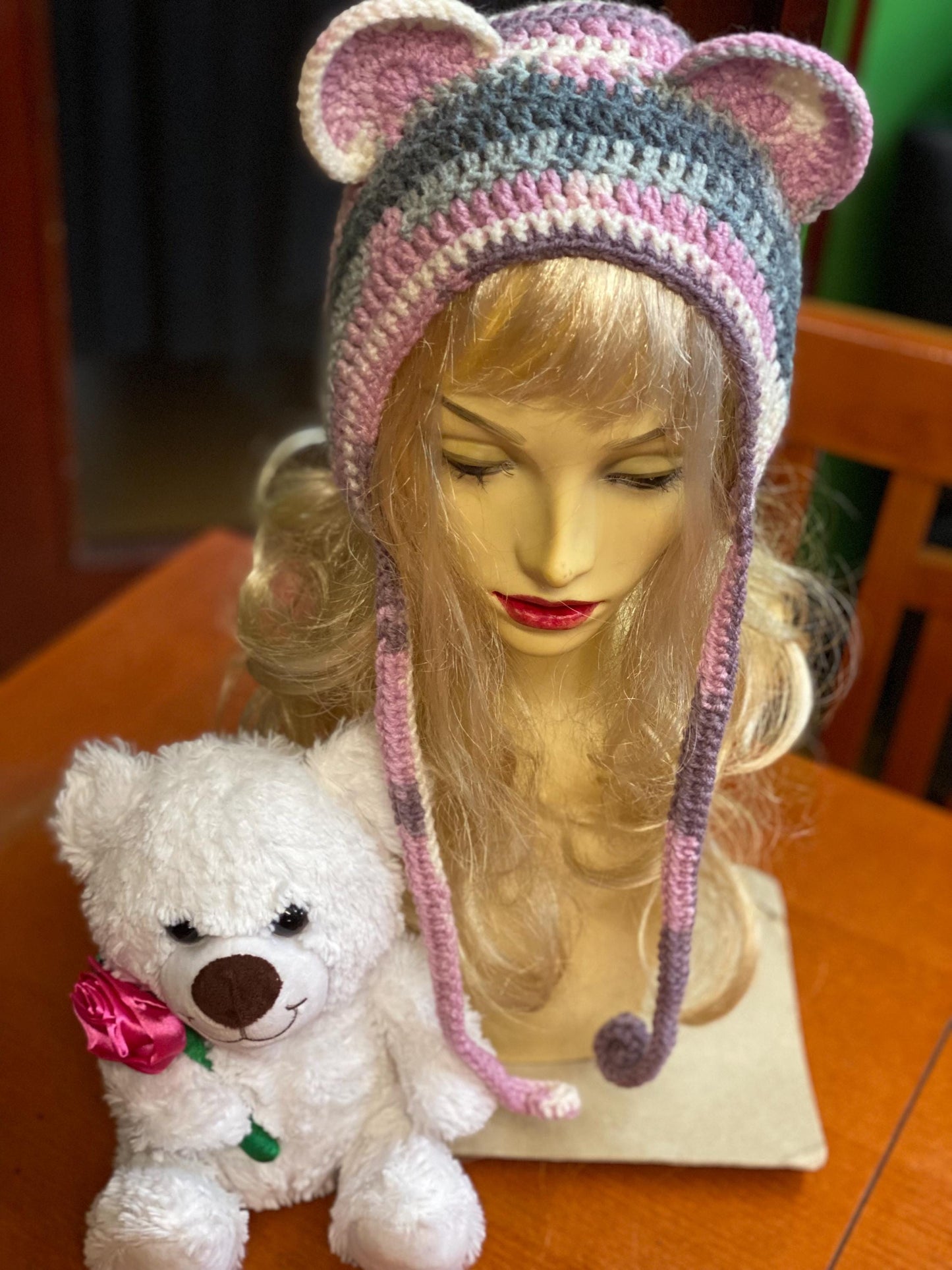 Handmade  Bear Ear Bonnet with Ties, Crochet Animal Ear Beanie, Gothic Aesthetic Winter Hat, Cute Bear Ear Hood with Tassels, Coquette