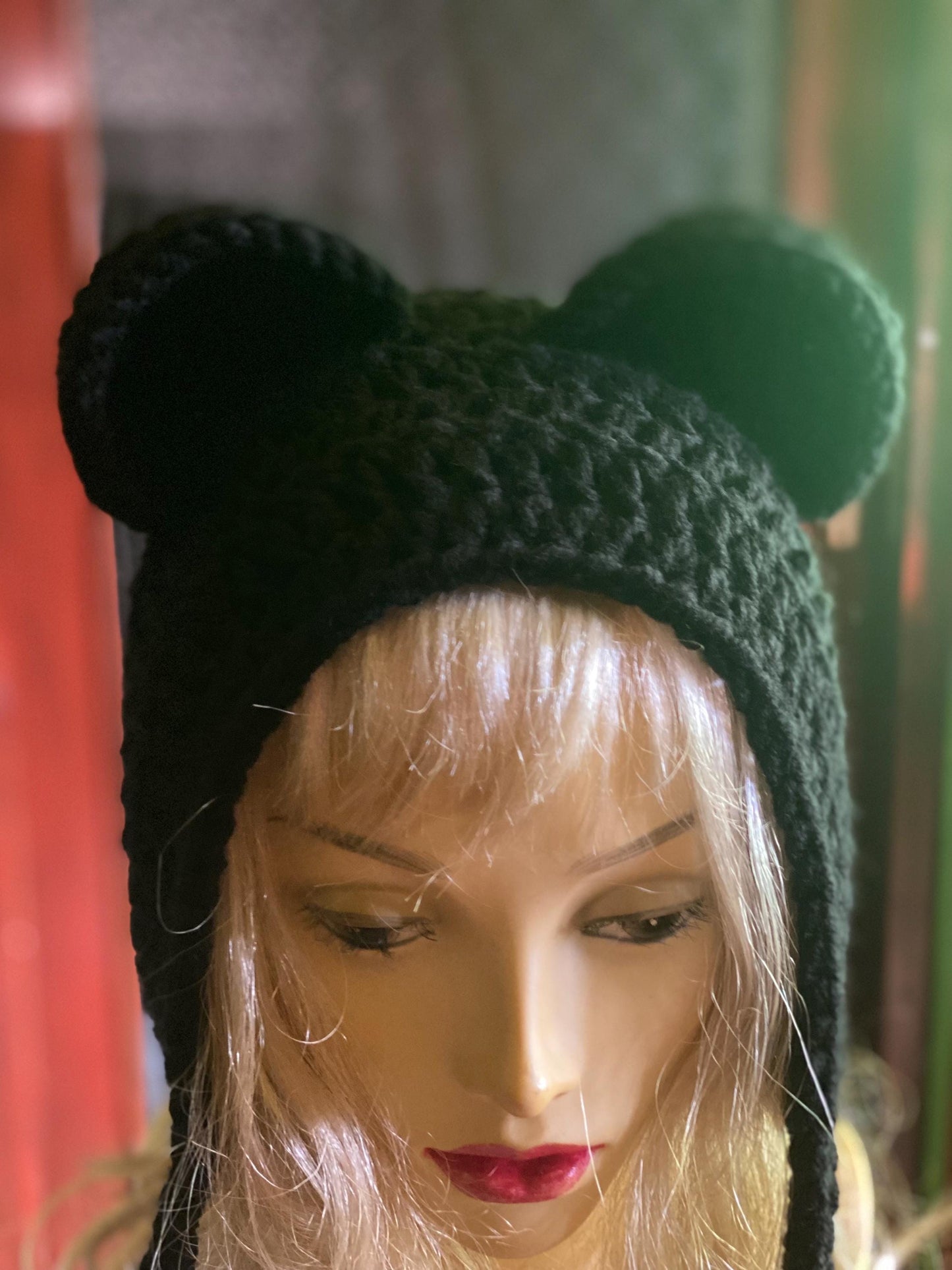 Handmade Black Bear Ear Bonnet with Ties, Crochet Animal Ear Beanie, Gothic Aesthetic Winter Hat, Cute Bear Ear Hood with Tassels, Coquette