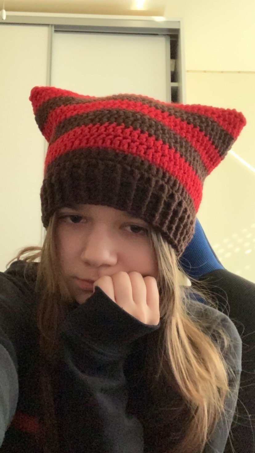 Handmade Striped Crochet Cat Ear Beanie: Wool Blend