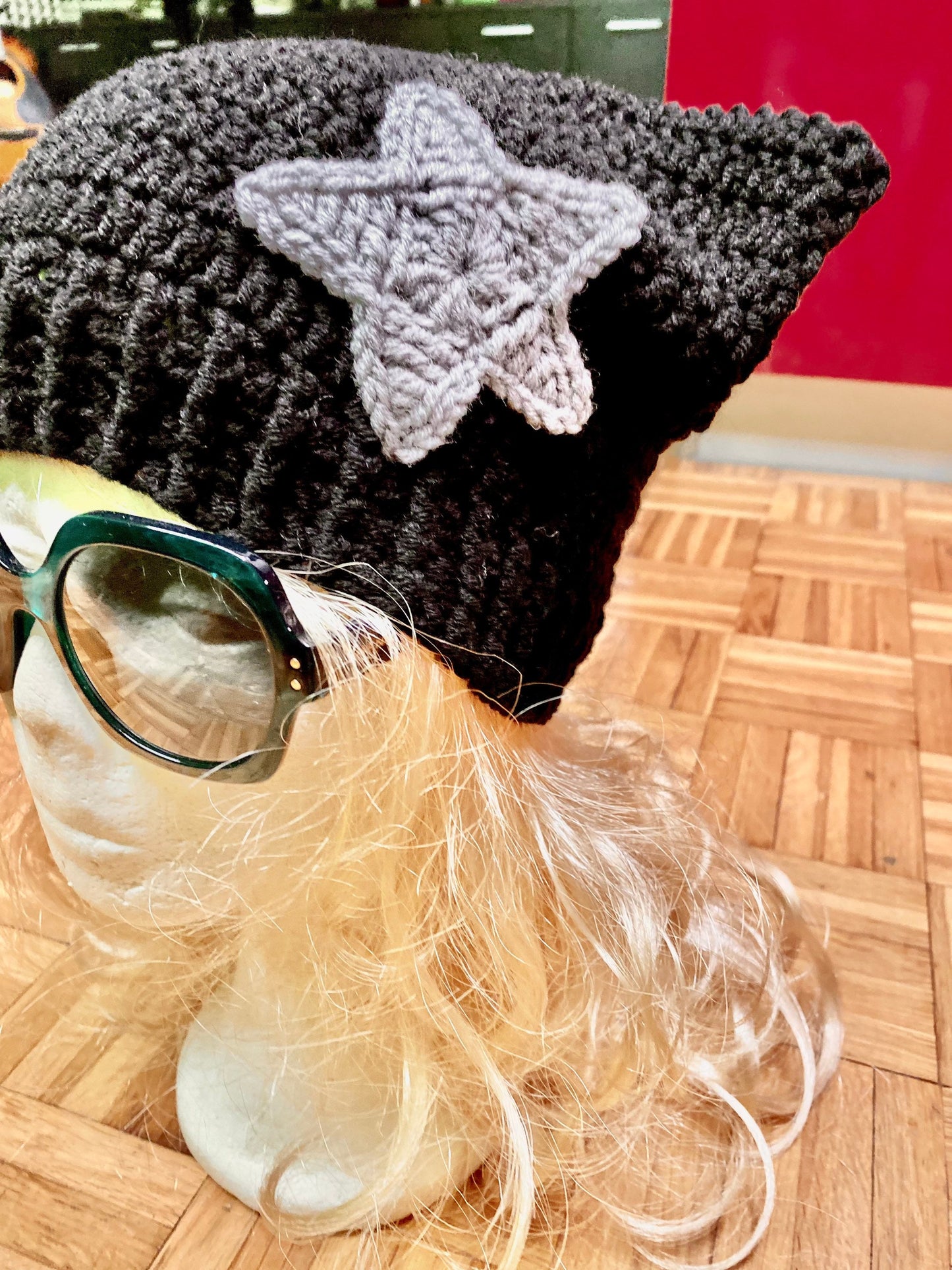 Custom Color Crochet Cat Ear Beanie with Star - Handmade Wool Blend